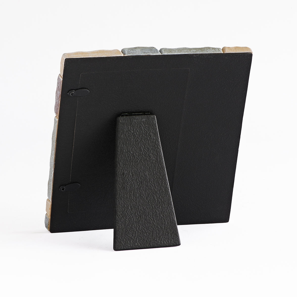 Rear view of picture frame showing the black backing and fold-out stand.