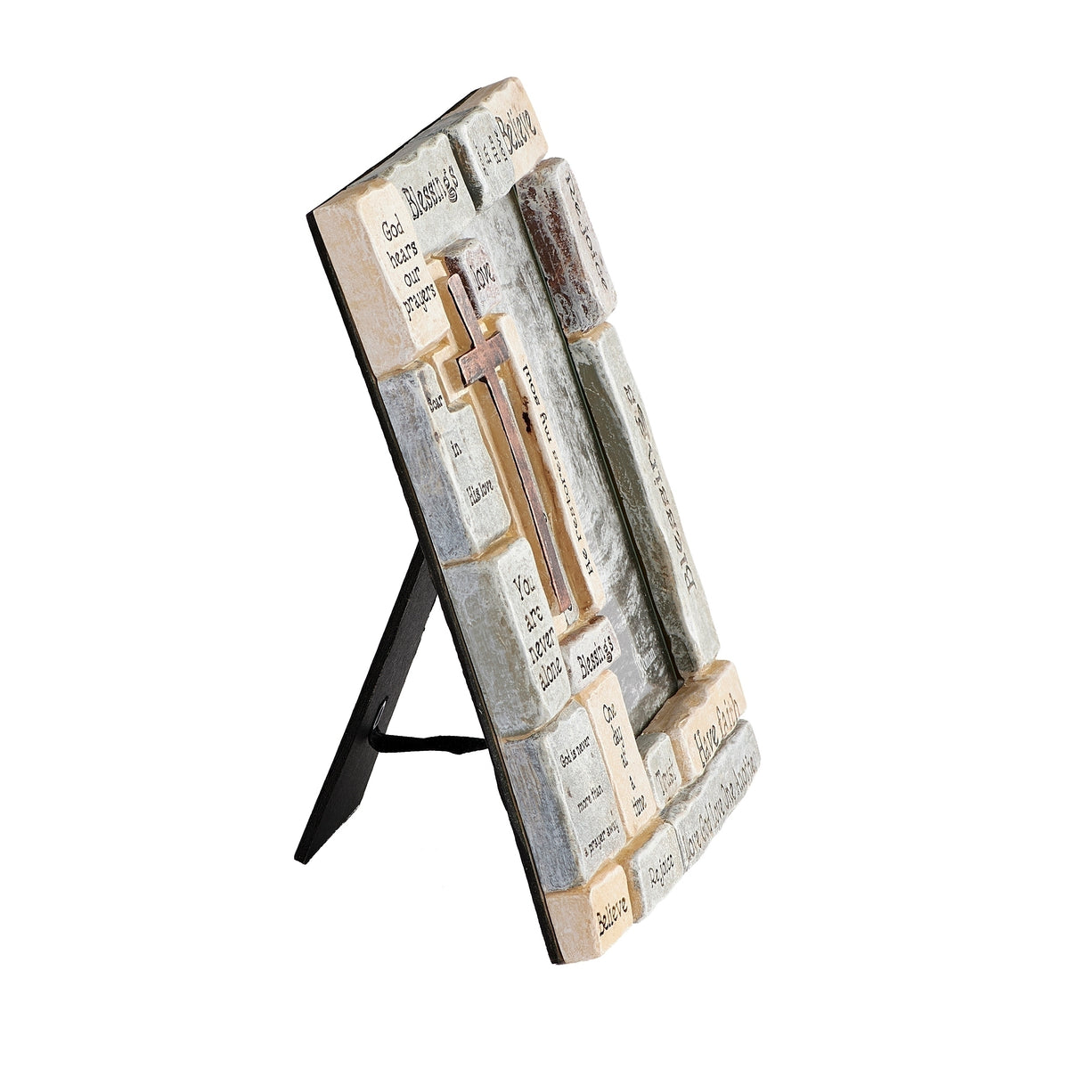 Angled front view of crossword frame showing its raised word blocks and freestanding easel support.