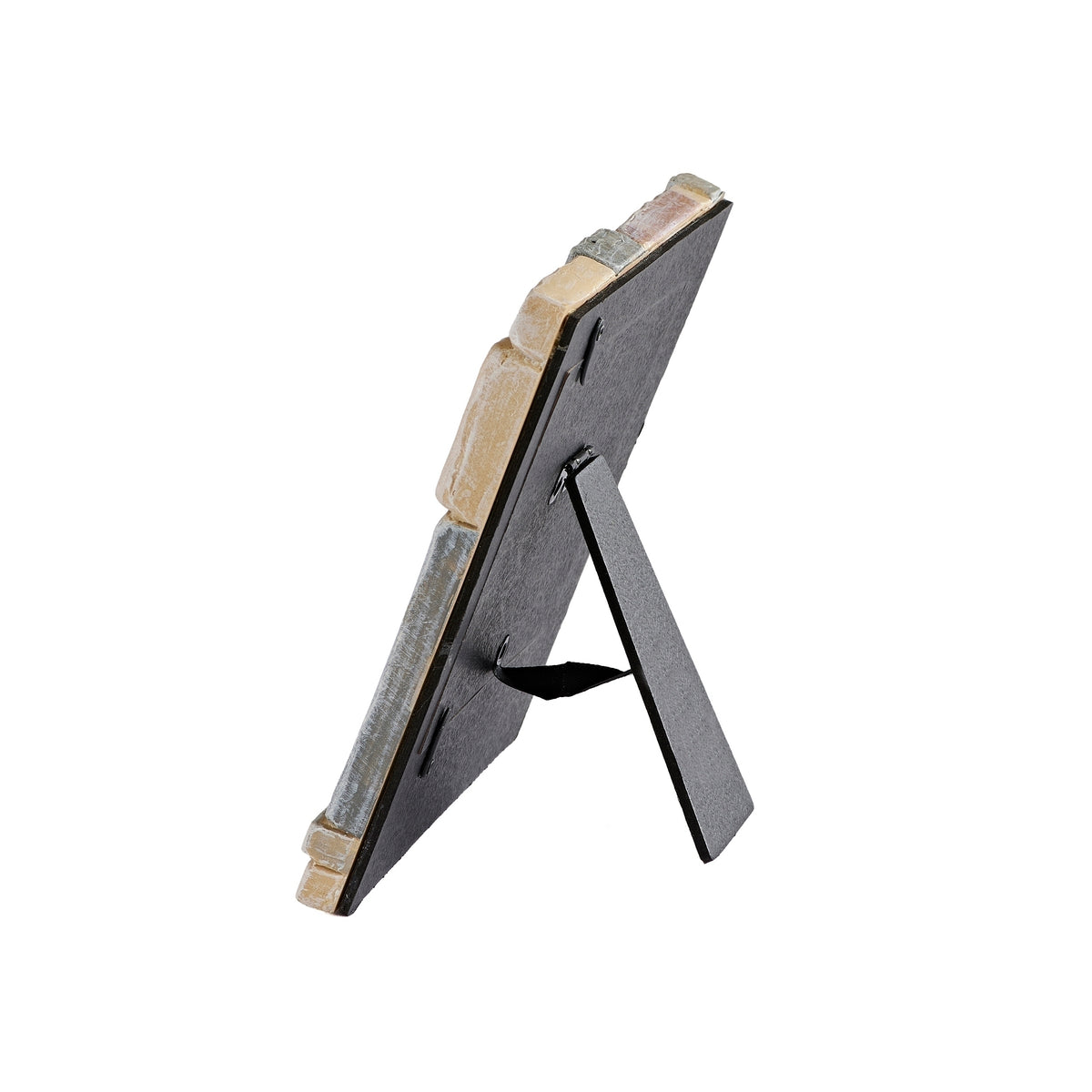 Angled rear view of crossword picture frame showing its layered border and extended black easel stand.