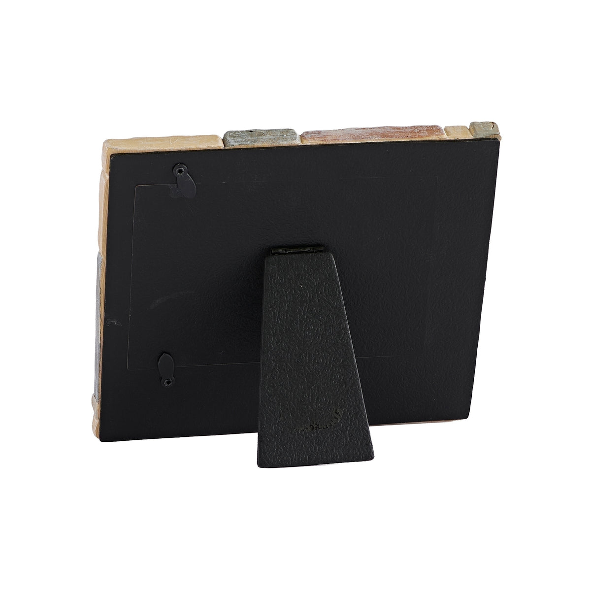 Rear view of picture frame showing the black backing and fold-out stand.