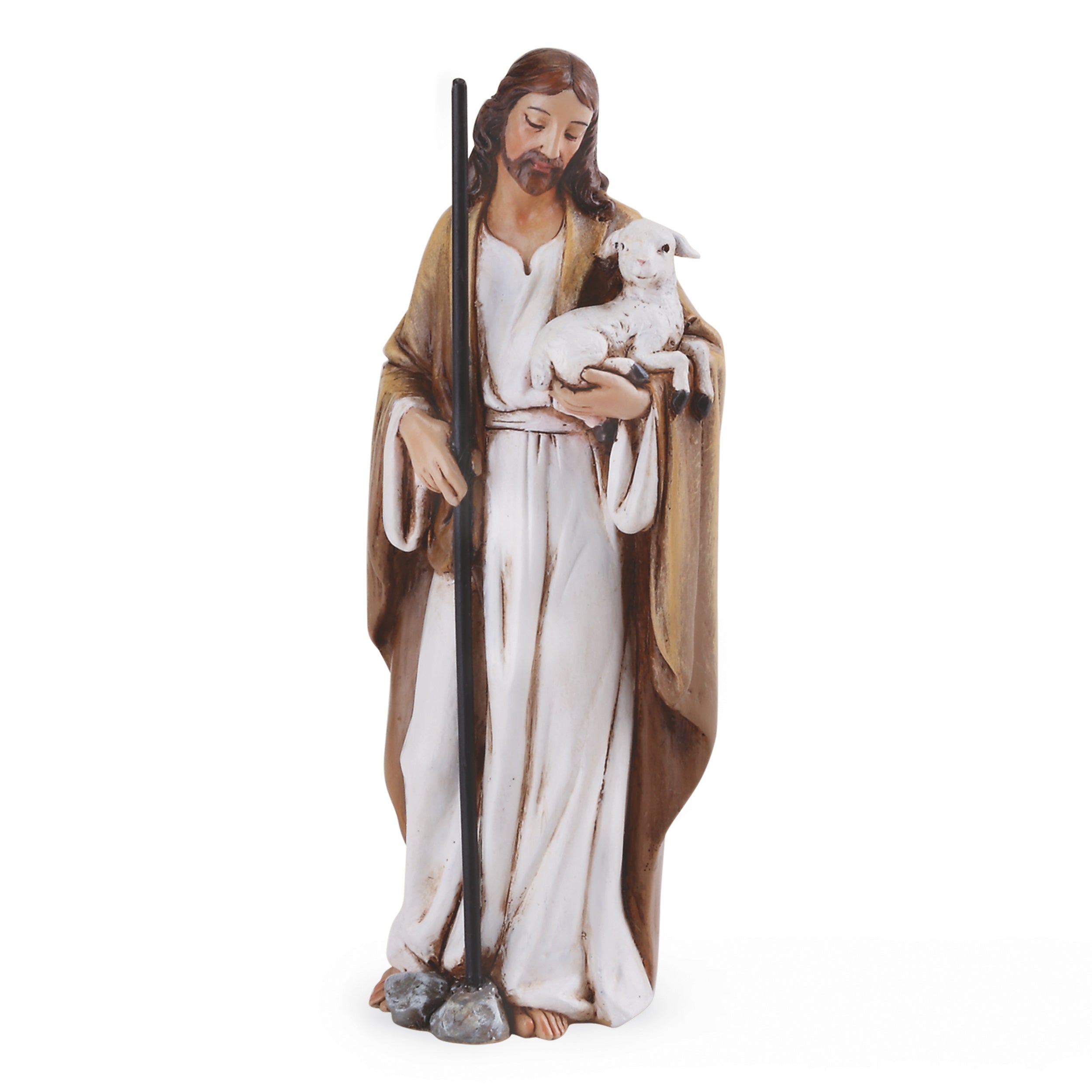 Statue of a religious figure holding a lamb on a white background