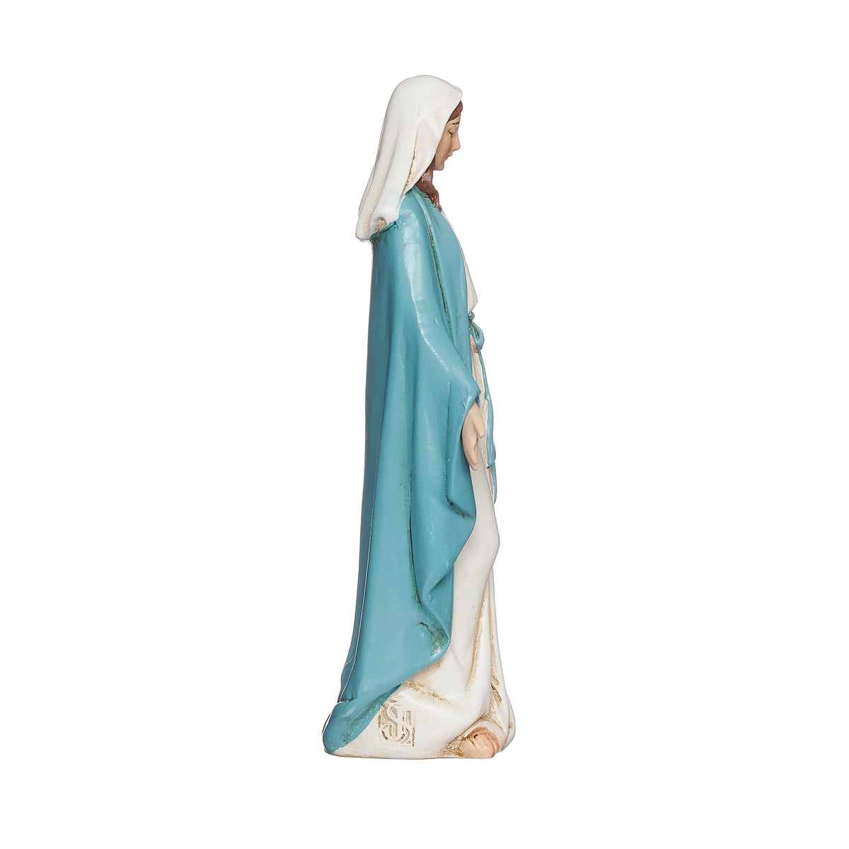 Our Lady of Grace Virgin Mary figurine side profile showing flowing blue mantle