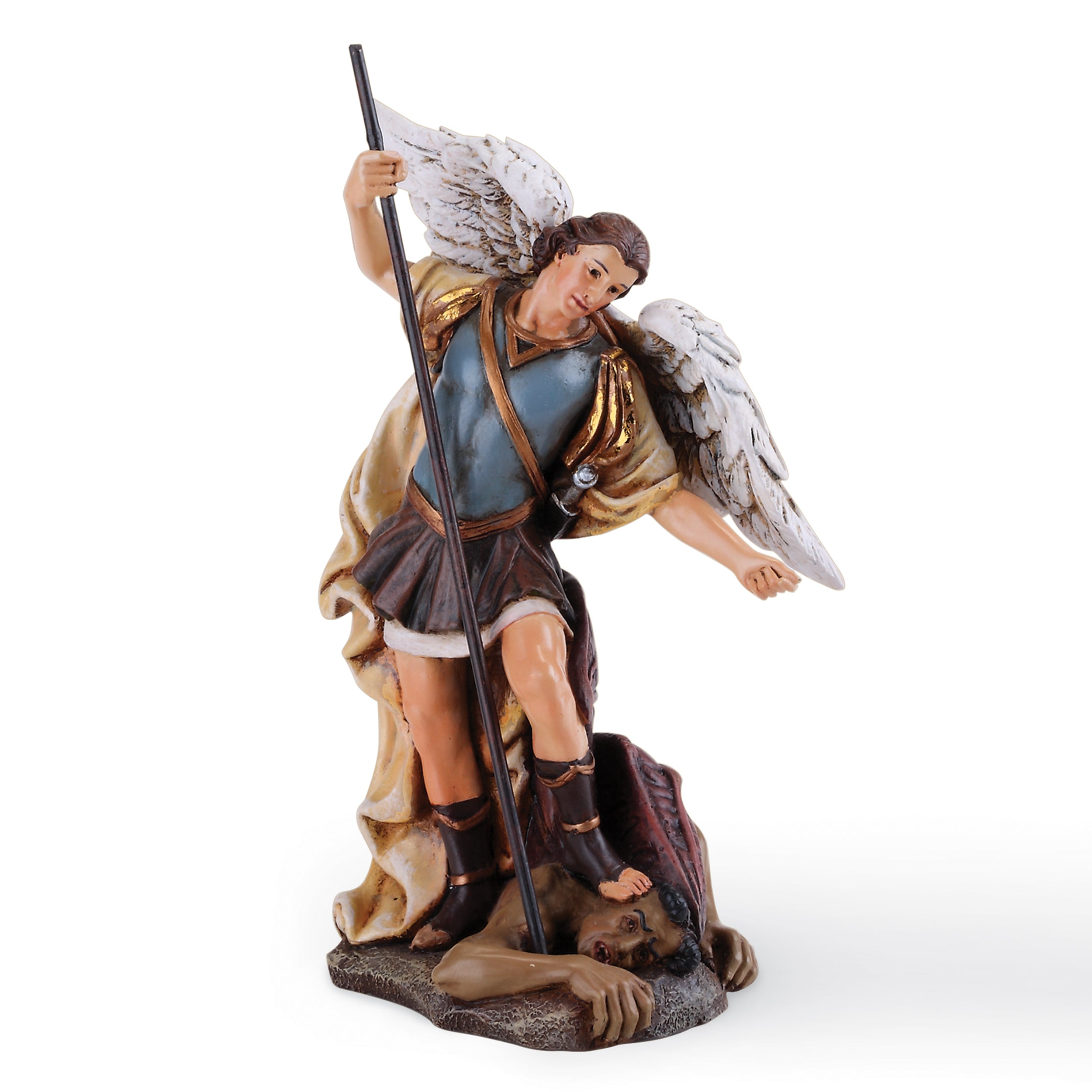 Statue of an angel with a spear and shield on a white background