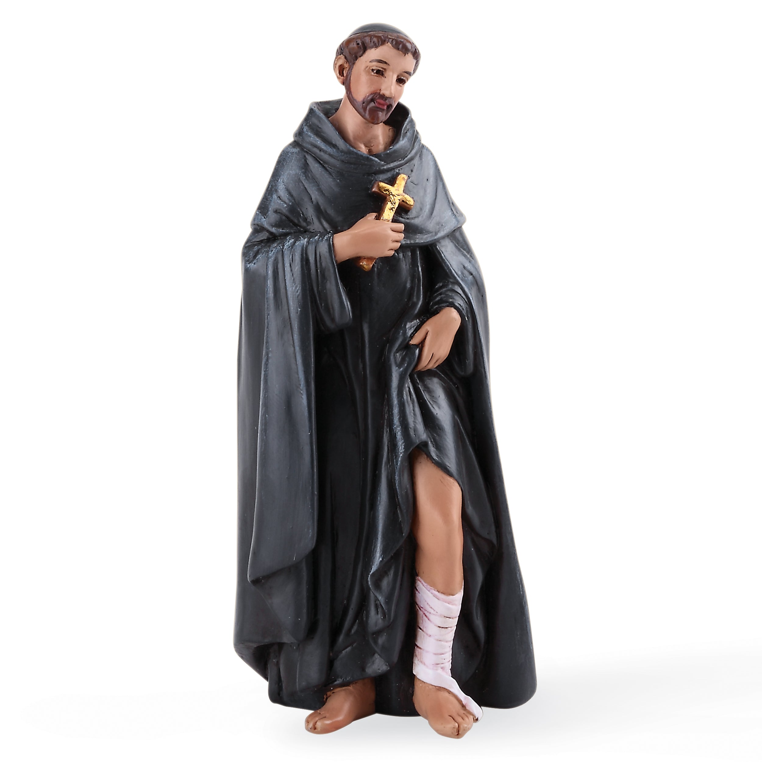 Figurine of a robed figure holding a cross on a white background