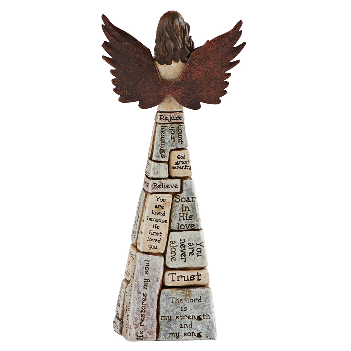 Rear view of crossword angel showing brown hair, outstretched wings, and word blocks down the gown.