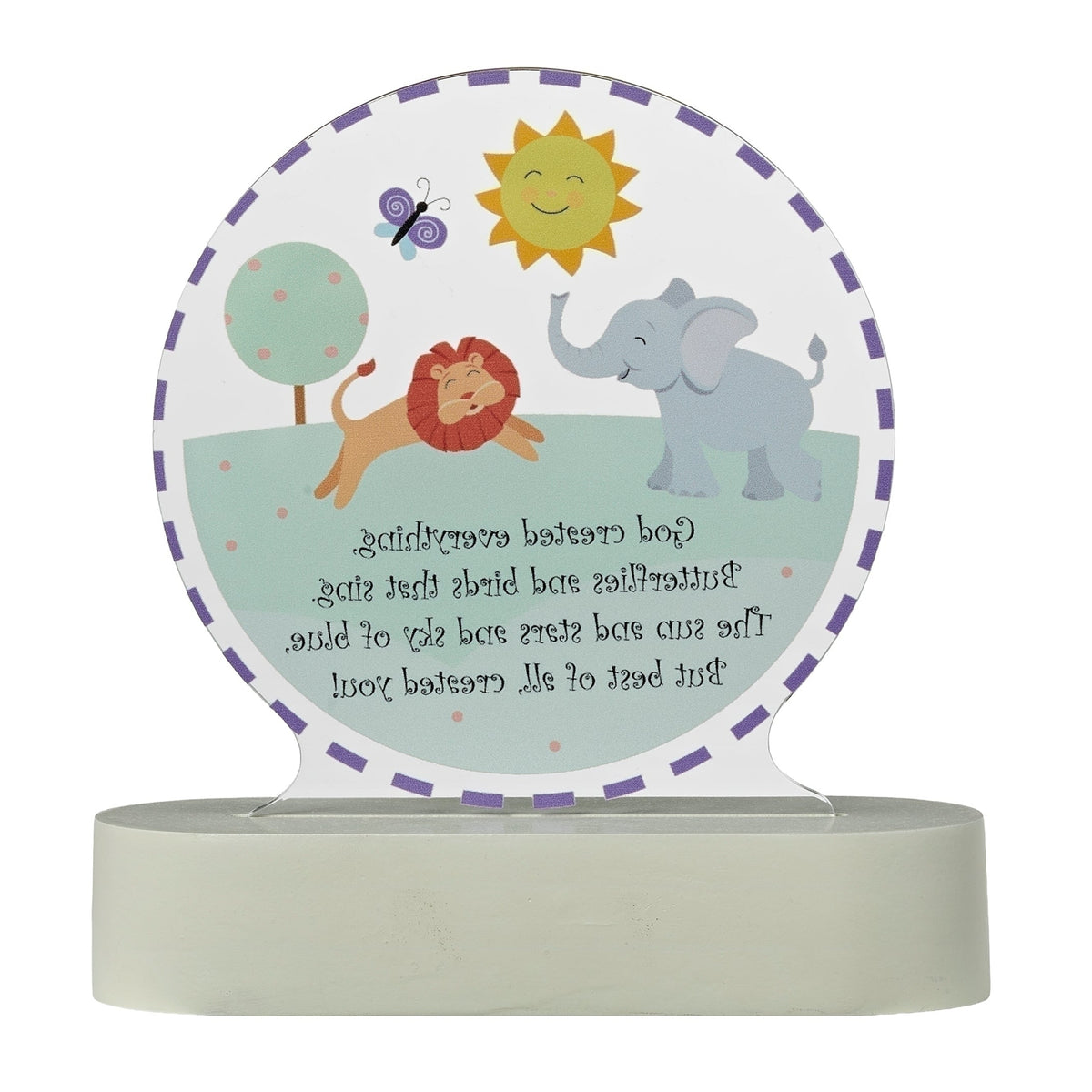 Front view of God Created Everything Lighted Tabletop Plaque showing the smiling sun, playful animals, inspirational message, and illuminated border