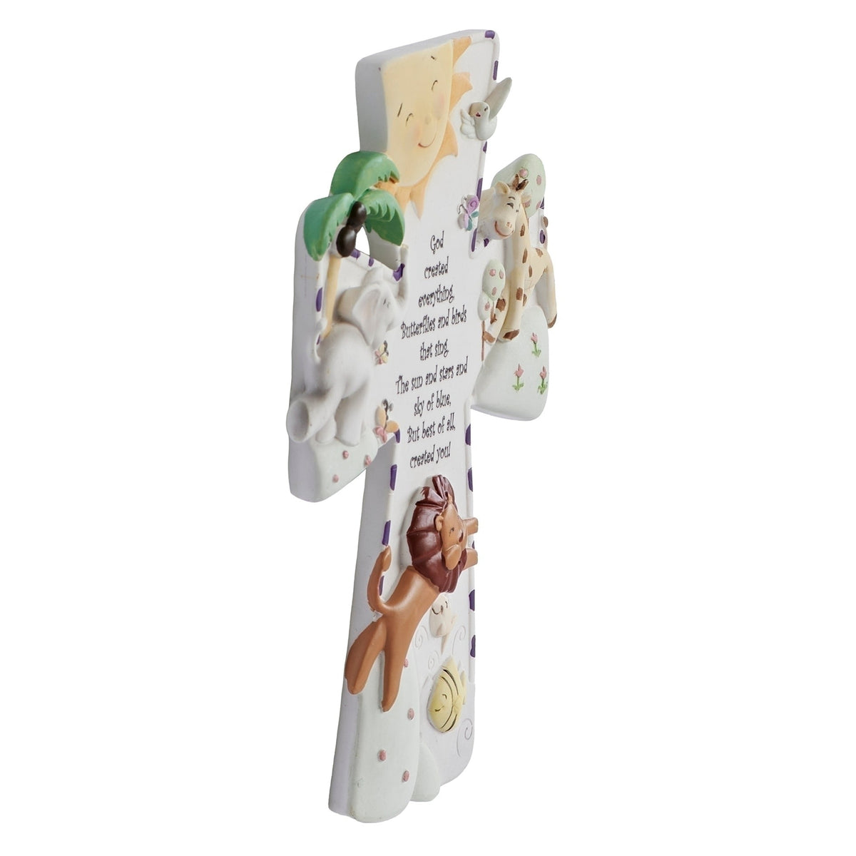 Side view of God Created Everything Wall Cross showing the raised sculpted animals and dimensional cross design