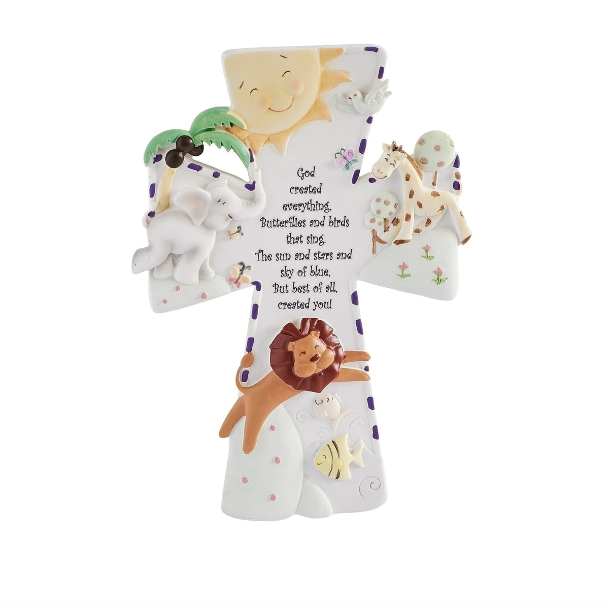 Front angled view of God Created Everything Wall Cross showing the raised animal figures, colorful details, and faith-inspired message