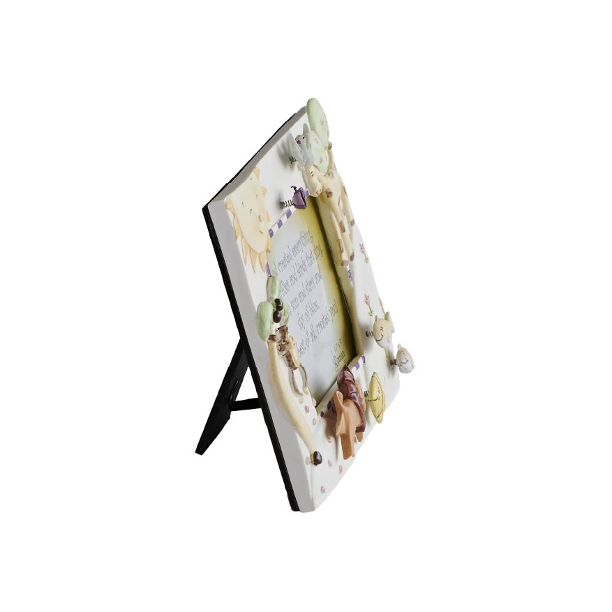Opposite side view of God Created Everything Picture Frame showing the raised animal details and easel stand