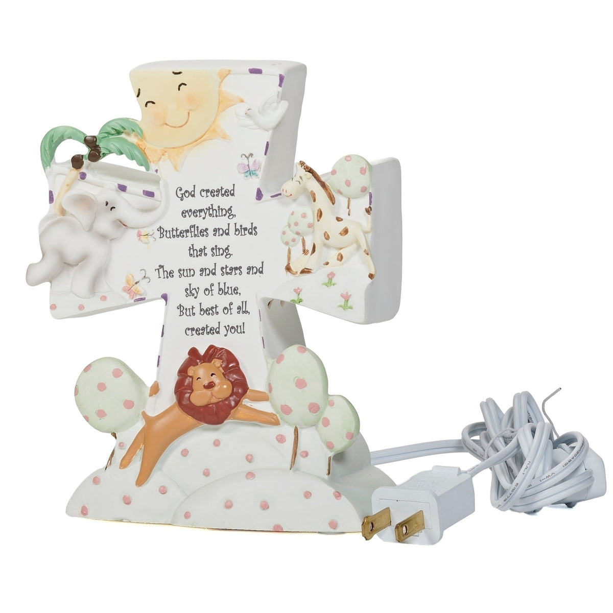 Front view of God Created Everything Children’s Night-Light showing the colorful animals, smiling sun, faith message, and plug-in cord