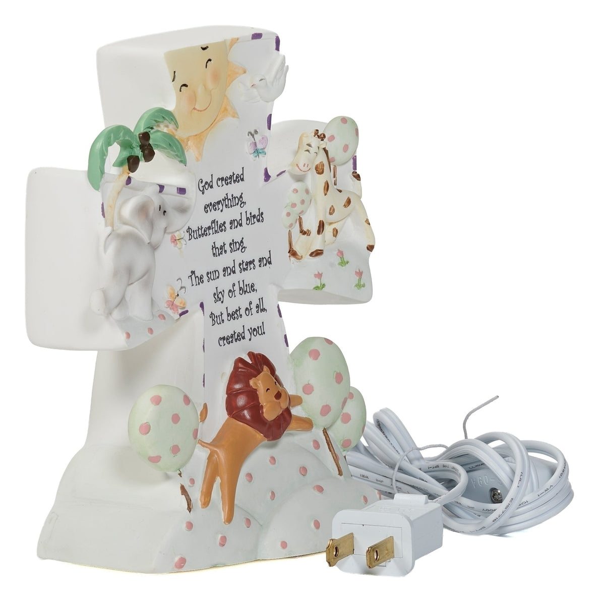 Front angled view of God Created Everything Children’s Night-Light showing the colorful animal design, inspirational message, and attached power cord