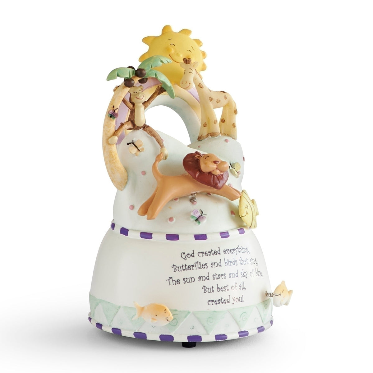 Opposite angled view of God Created You Musical Animal Figure showing the animals beneath the smiling sun and inspirational base