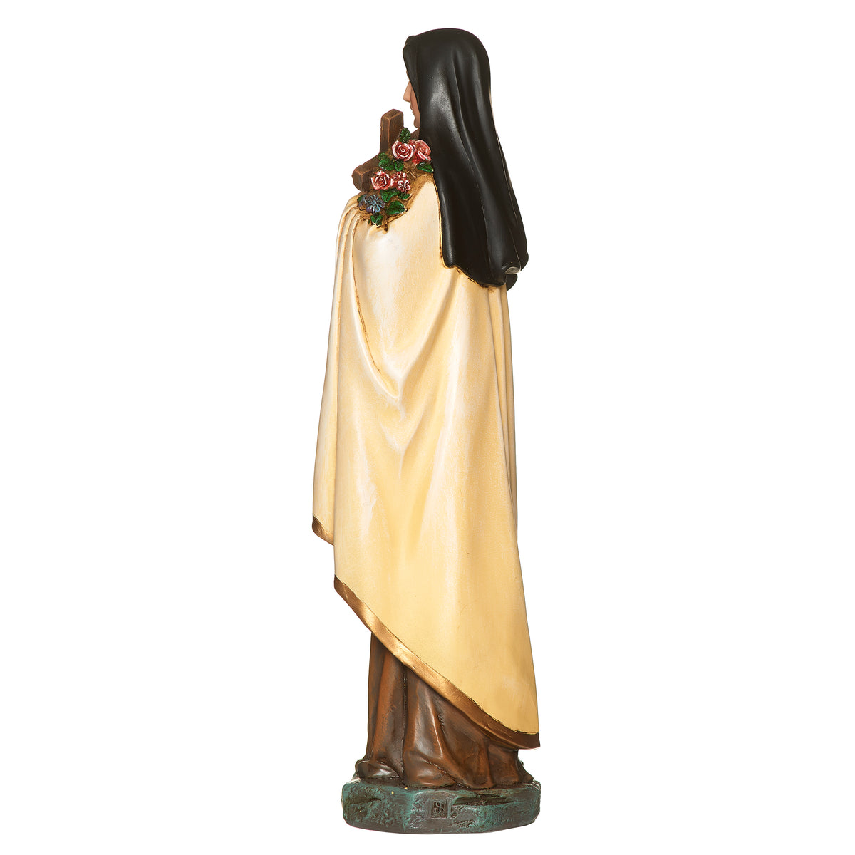 Side view of Joseph's Studio St. Therese Figure showing the flowing cream mantle, dark veil, brown habit, and roses