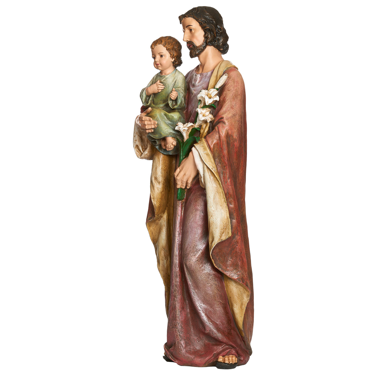 Front angled view of Joseph's Studio St. Joseph Figure showing St. Joseph cradling the Child Jesus and holding white lilies