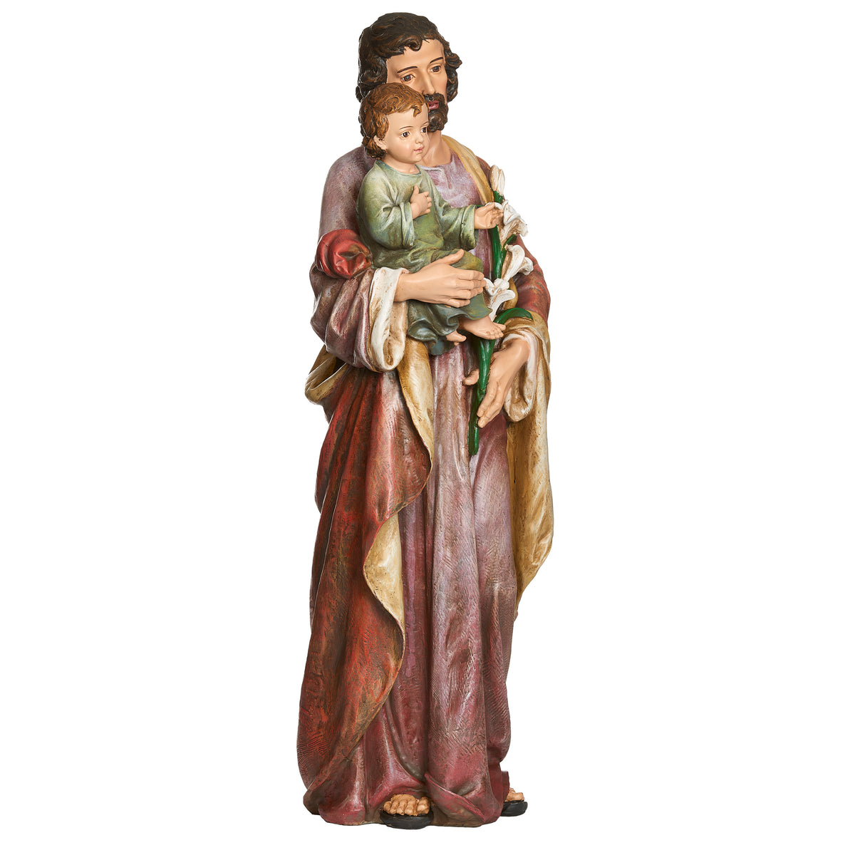 Front view of Joseph's Studio St. Joseph Figure showing the Child Jesus in St. Joseph's arms with lilies held at his side