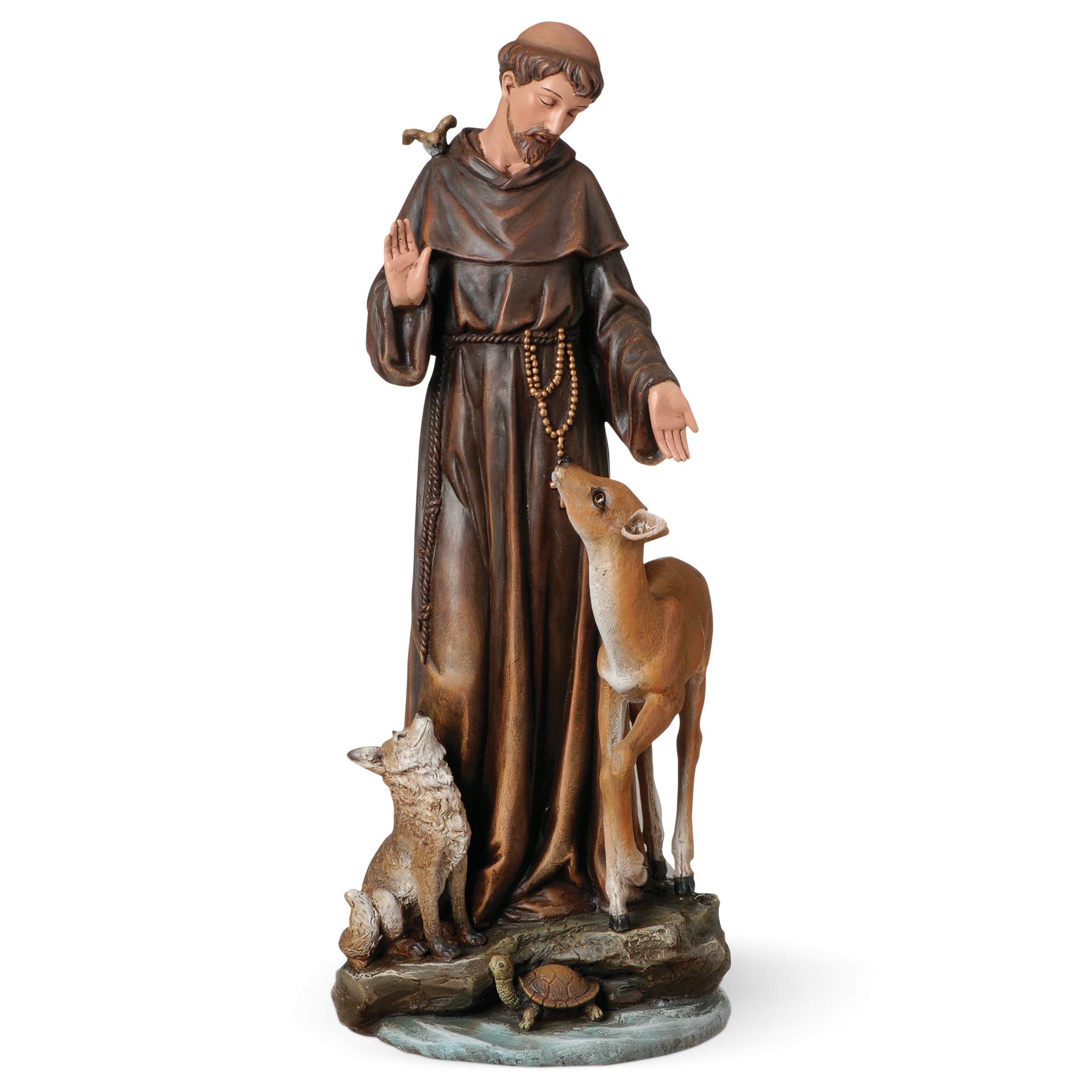 Statue of a religious figure with a deer and a wolf on a white background