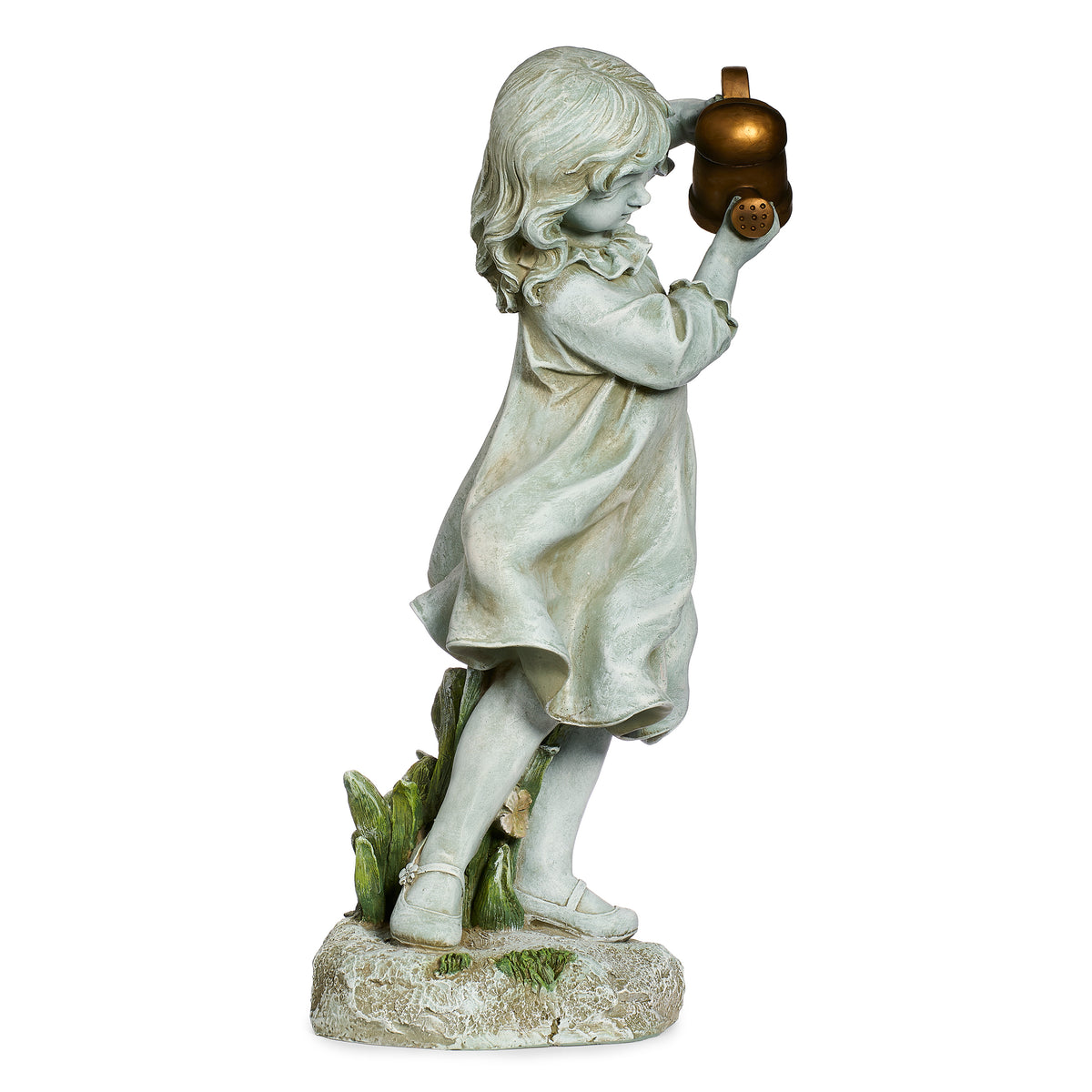 Opposite side view of Joseph's Studio Girl with Watering Can Garden Statue showing the barefoot pose, watering can, and sculpted plants