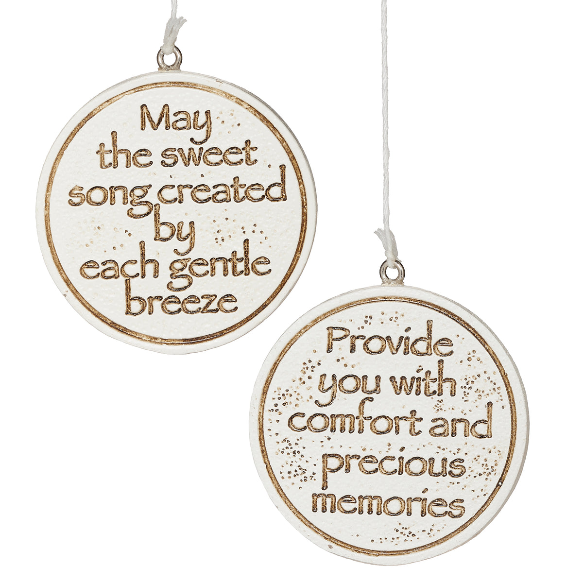 Close-up of Joseph's Studio Memorial Angel Wind Chime pendants showing the inscriptions "May the sweet song created by the gentle breeze" and "Provide you with comfort and precious memories"