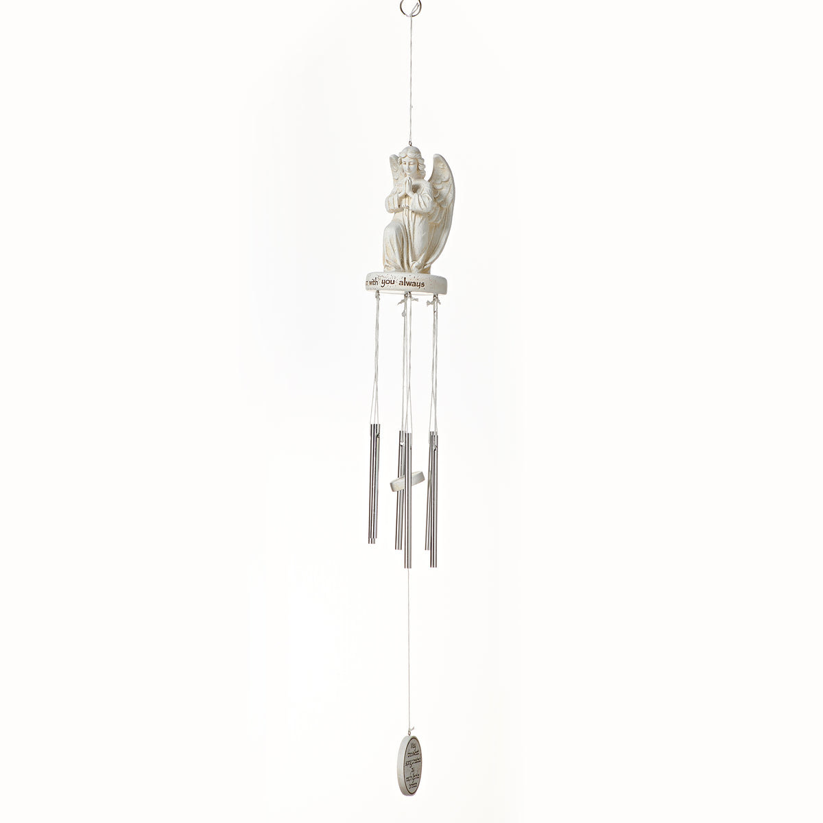 Front view of Joseph's Studio Memorial Angel Wind Chime showing the angel topper, hanging metal chimes, and memorial pendant
