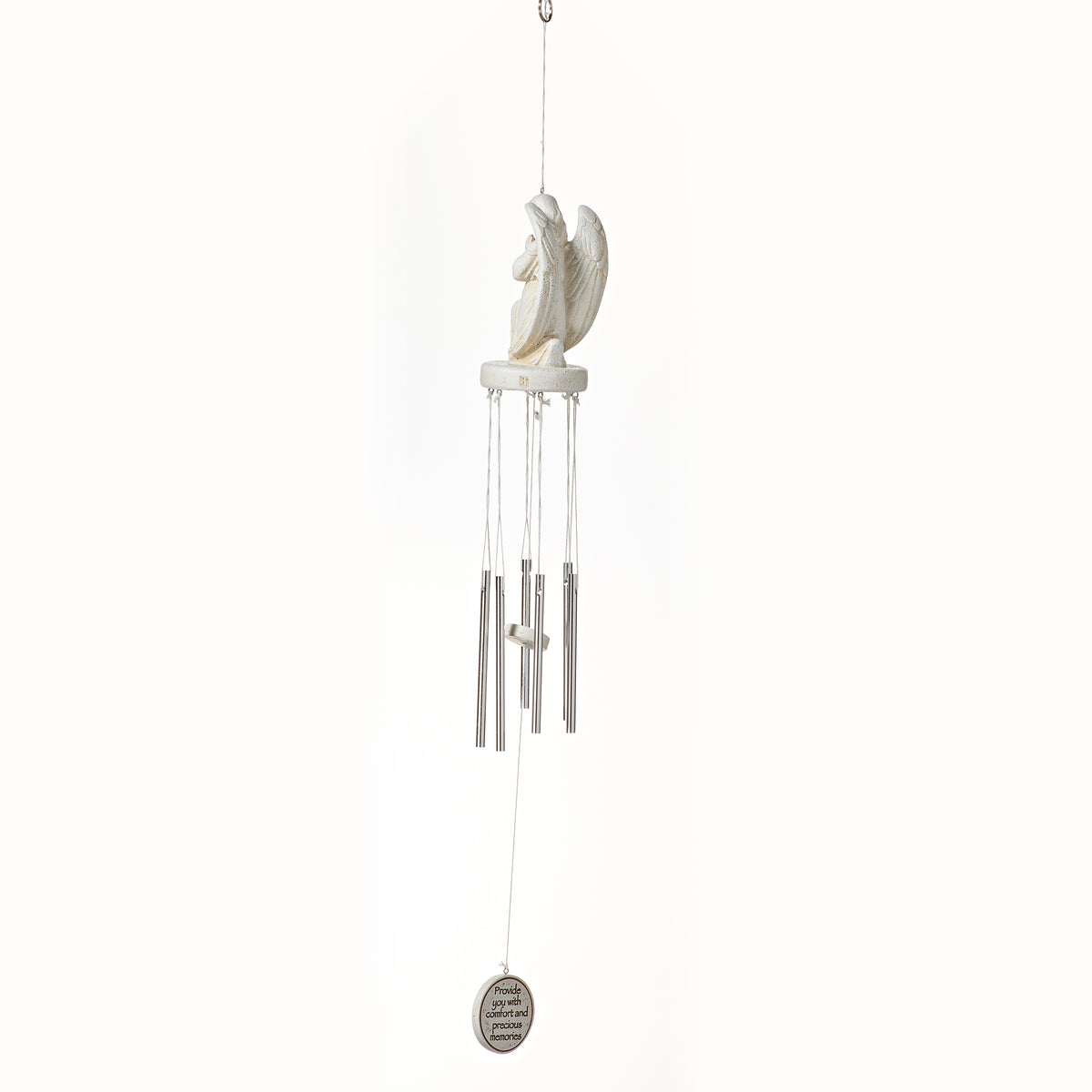 Side view of Joseph's Studio Memorial Angel Wind Chime showing the sculpted angel, suspended chimes, and hanging memorial disc