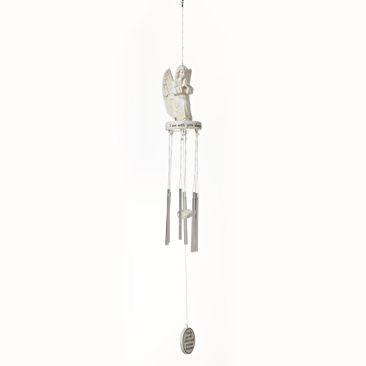 Opposite side view of Joseph's Studio Memorial Angel Wind Chime showing the angel topper and vertical arrangement of silver-tone chimes