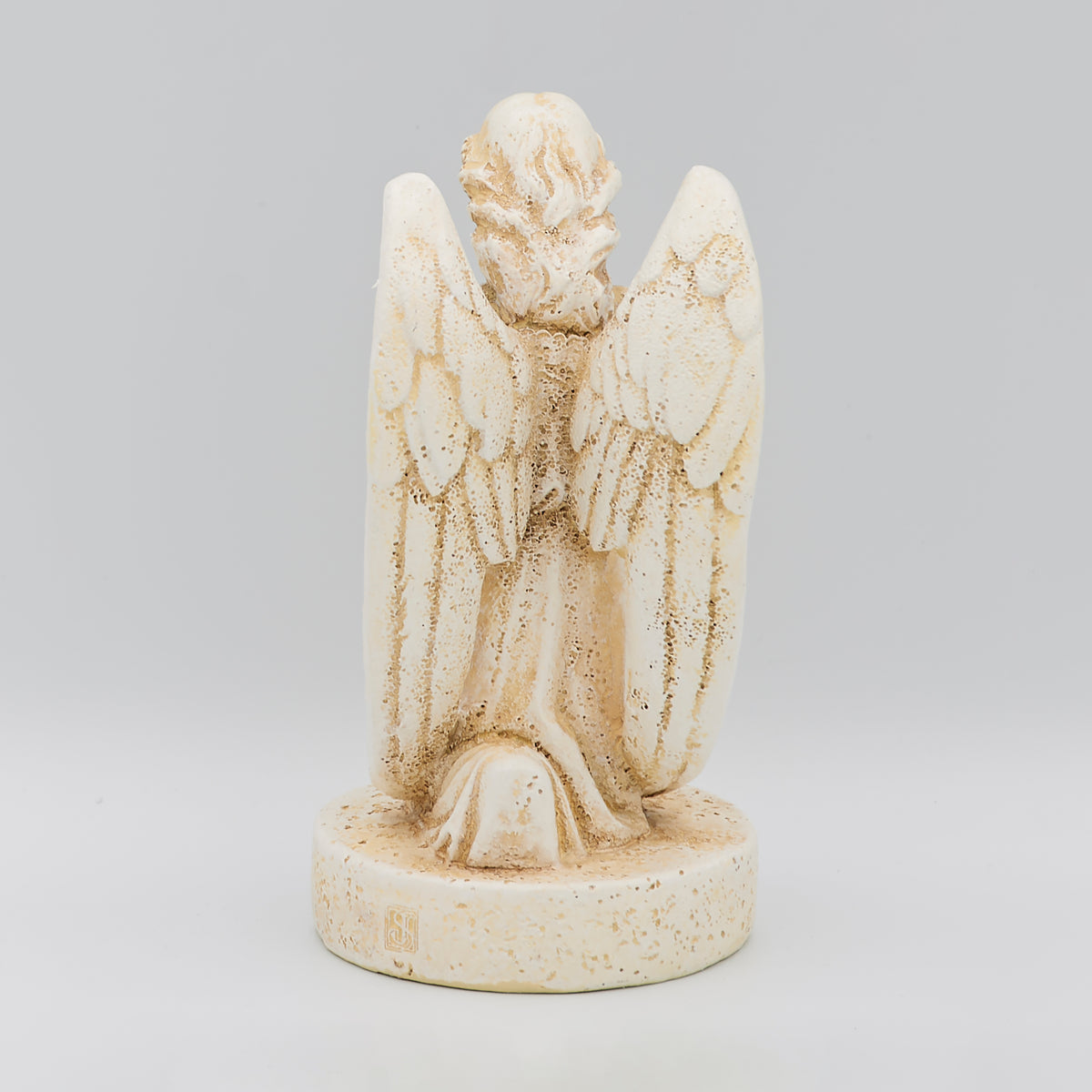 Back view of Joseph's Studio With You Always Angel Statue showing the detailed feathered wings and ivory stone-look finish