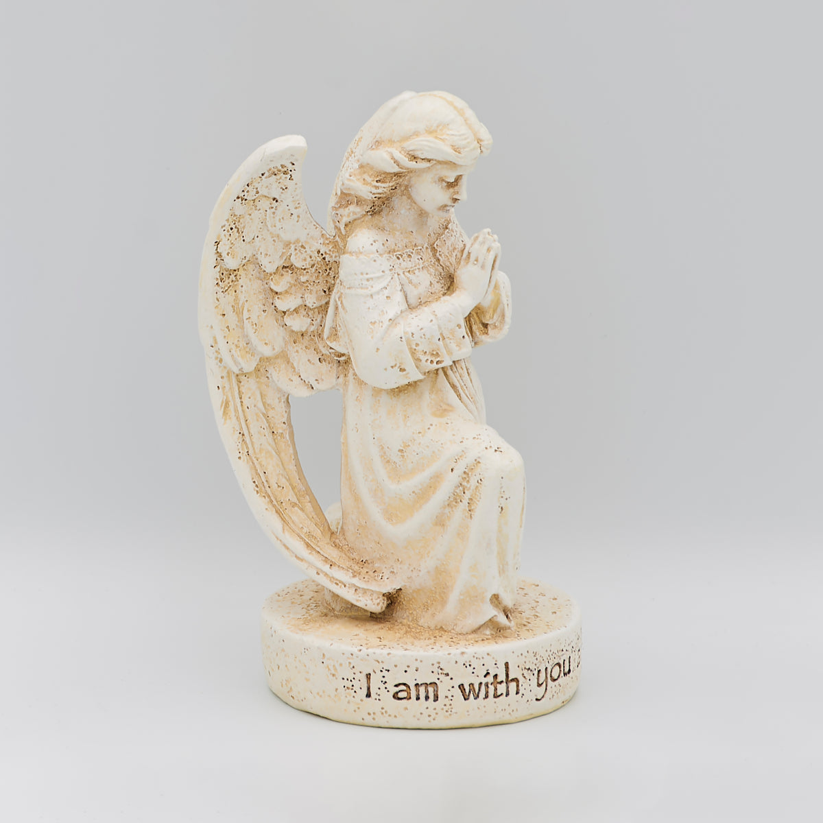 Opposite angled view of Joseph's Studio With You Always Angel Statue showing the kneeling prayer pose, wings, and inscribed base