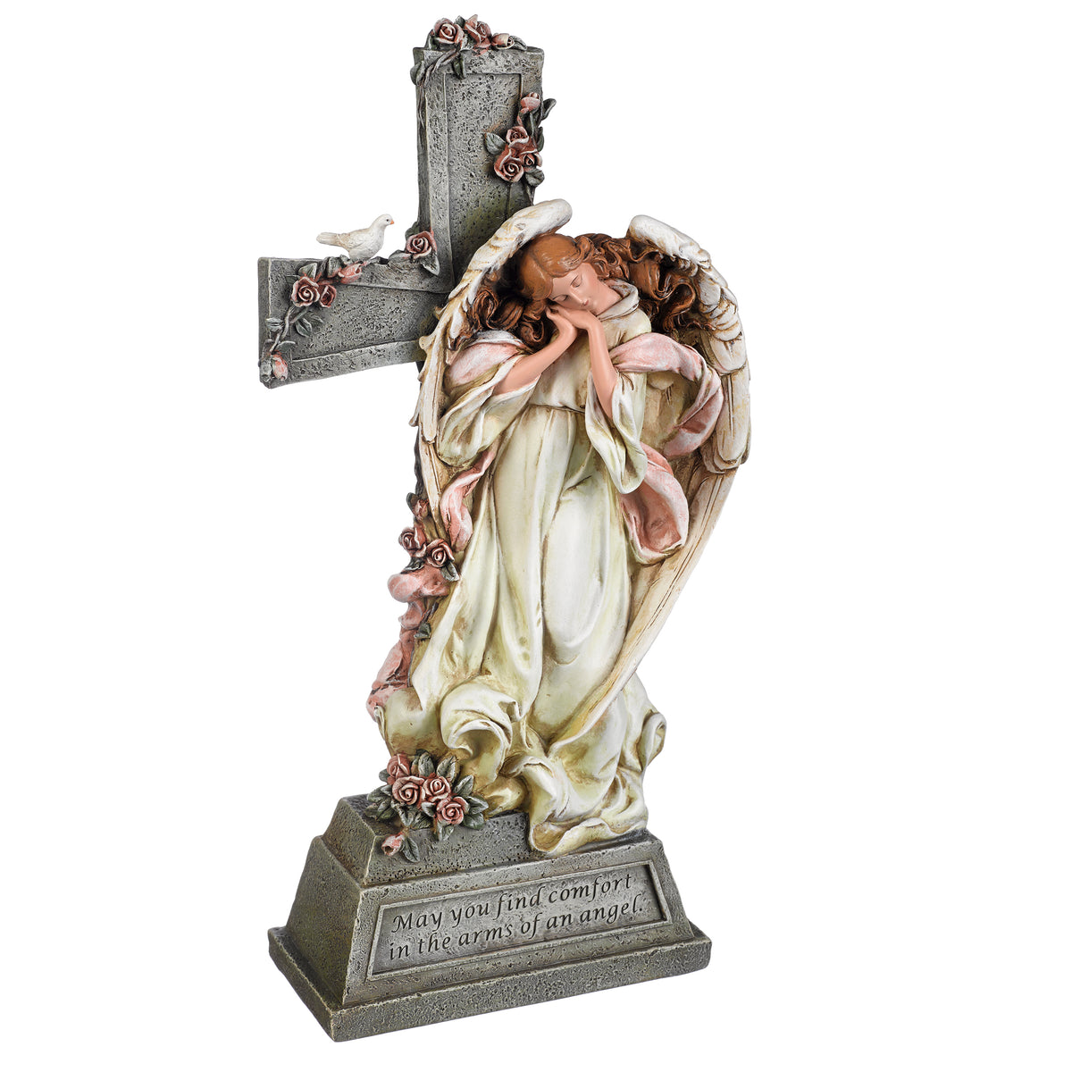 Opposite angled view of Joseph's Studio Angel with Folded Hands Memorial Garden Statue showing the praying angel, floral details, and cross