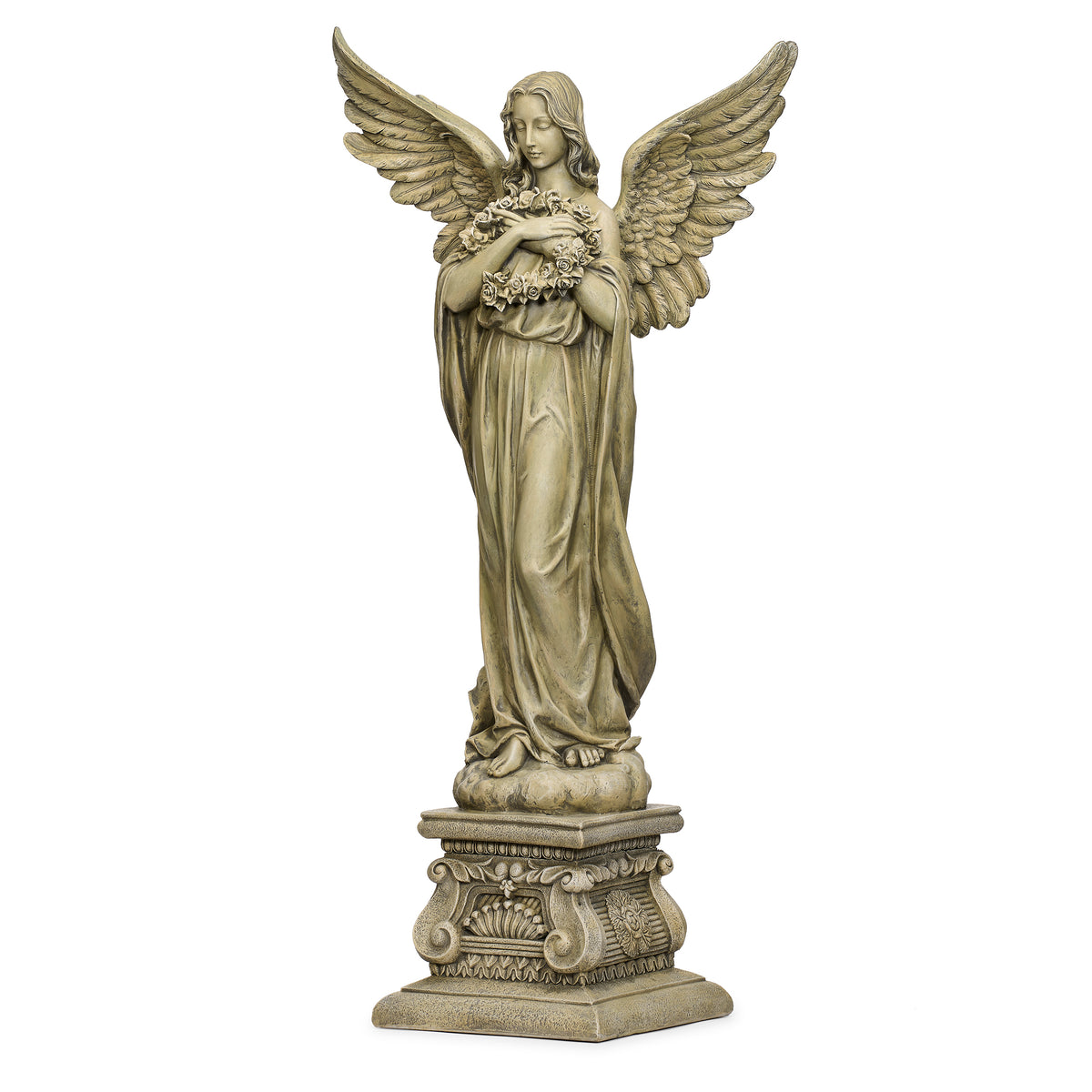 Front view of Joseph's Studio Angel With Wreath Garden Statue showing the floral wreath, flowing robe, raised wings, and decorative pedestal