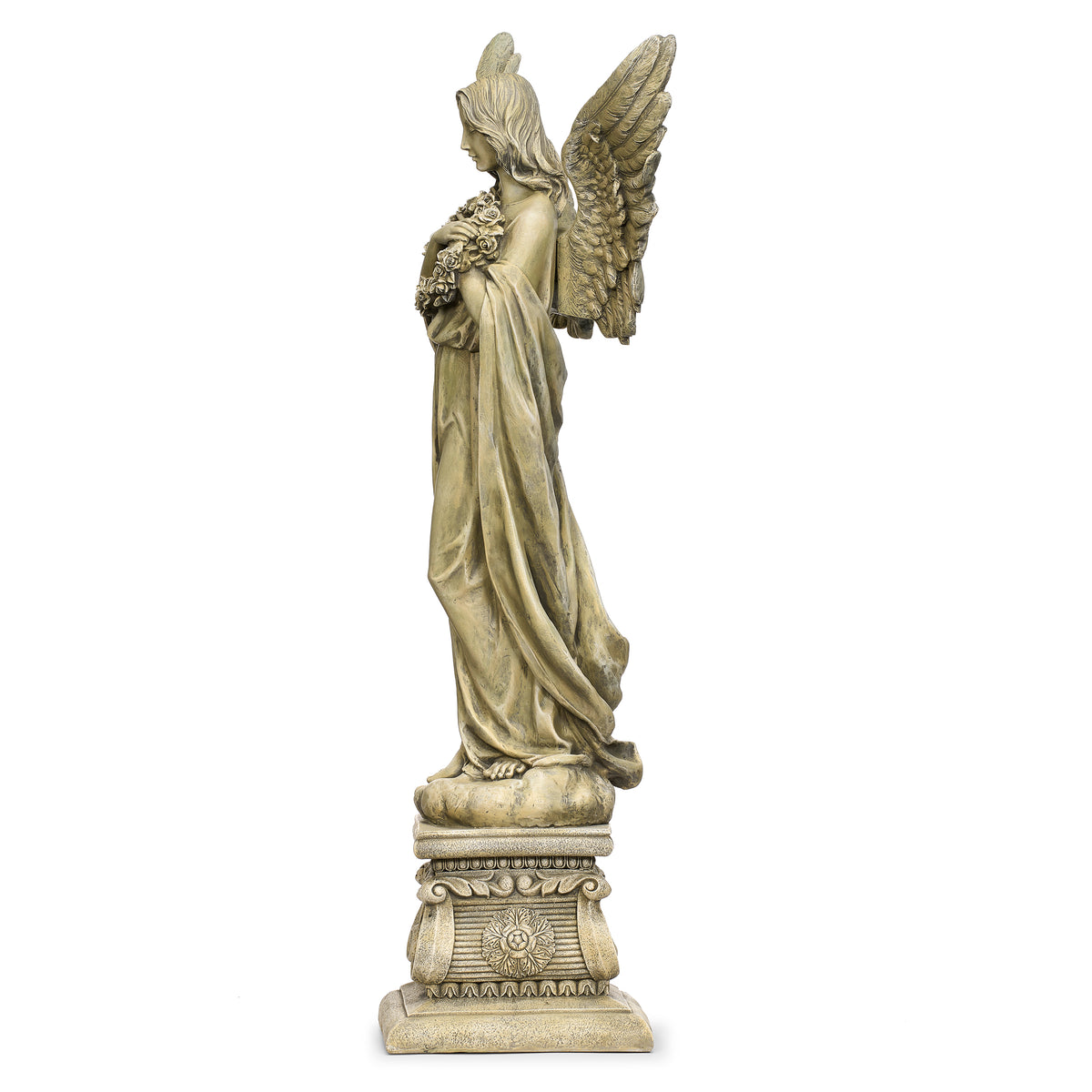 Side view of Joseph's Studio Angel With Wreath Garden Statue showing the wreath held at her chest, sculpted wing, flowing gown, and pedestal base