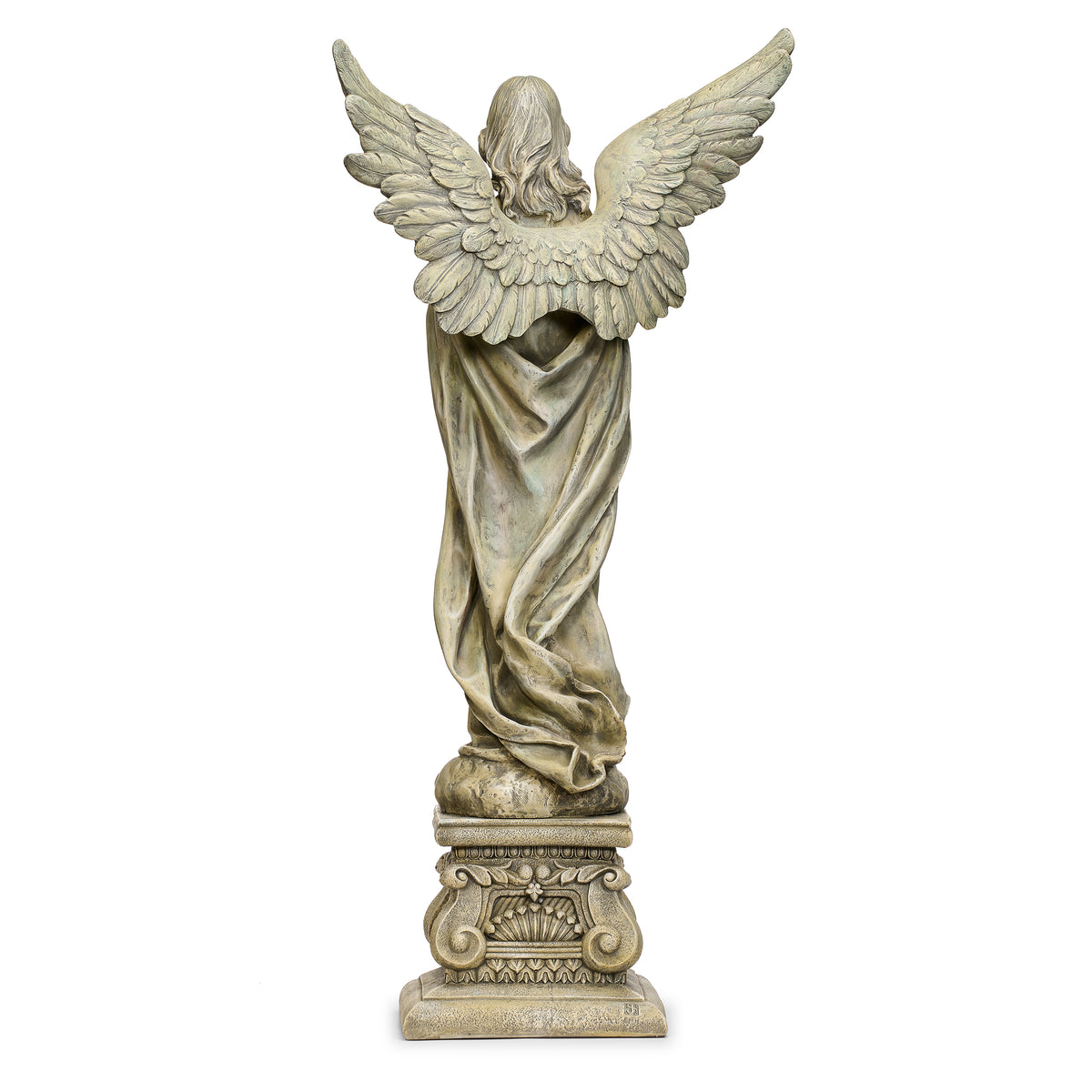 Back view of Joseph's Studio Angel With Wreath Garden Statue showing the large feathered wings, draped robe, and ornate pedestal