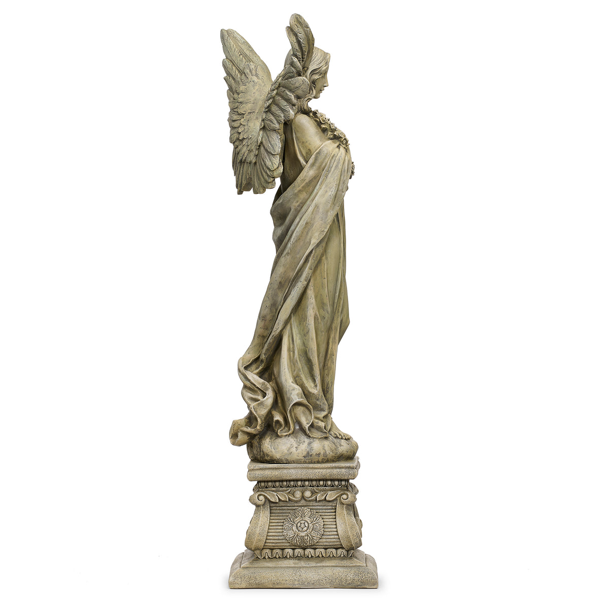 Opposite side view of Joseph's Studio Angel With Wreath Garden Statue showing the wing profile, flowing robe, and raised pedestal