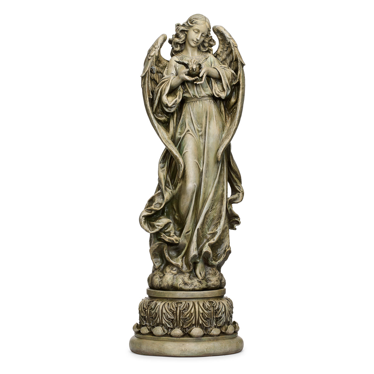 Front angled view of Joseph's Studio Angel with Dove Garden Statue showing the dove held at her chest, curved wings, flowing gown, and decorative pedestal