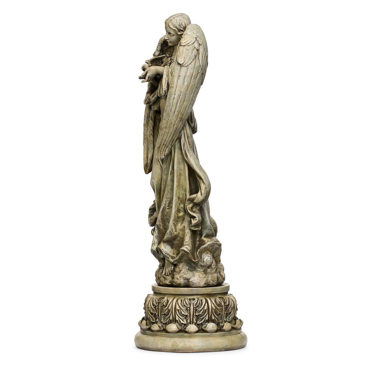 Side view of Joseph's Studio Angel with Dove Garden Statue showing the dove held near her chest, flowing robe, wing profile, and pedestal