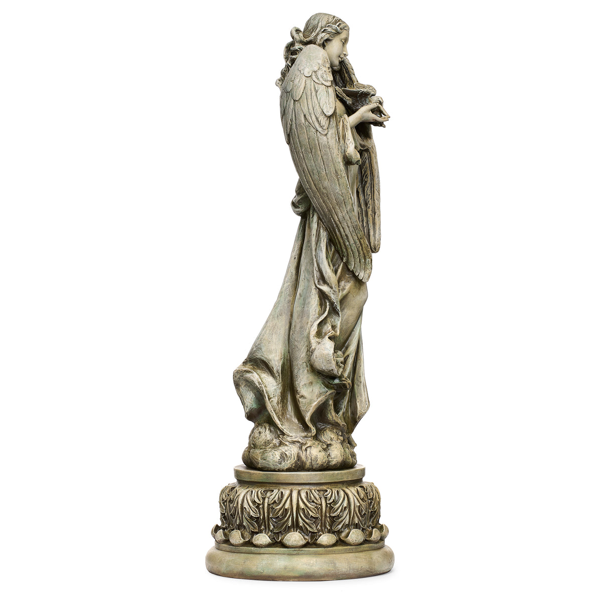 Opposite side view of Joseph's Studio Angel with Dove Garden Statue showing the curved wing, draped robe, and pedestal details