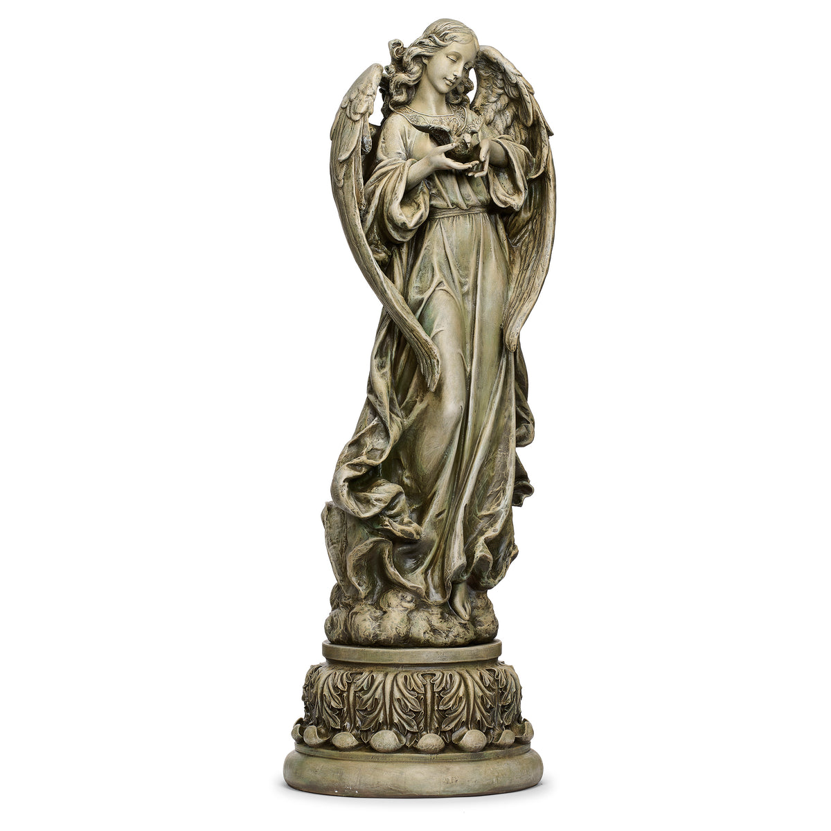 Back view of Joseph's Studio Angel with Dove Garden Statue showing the layered feathered wings and long flowing gown