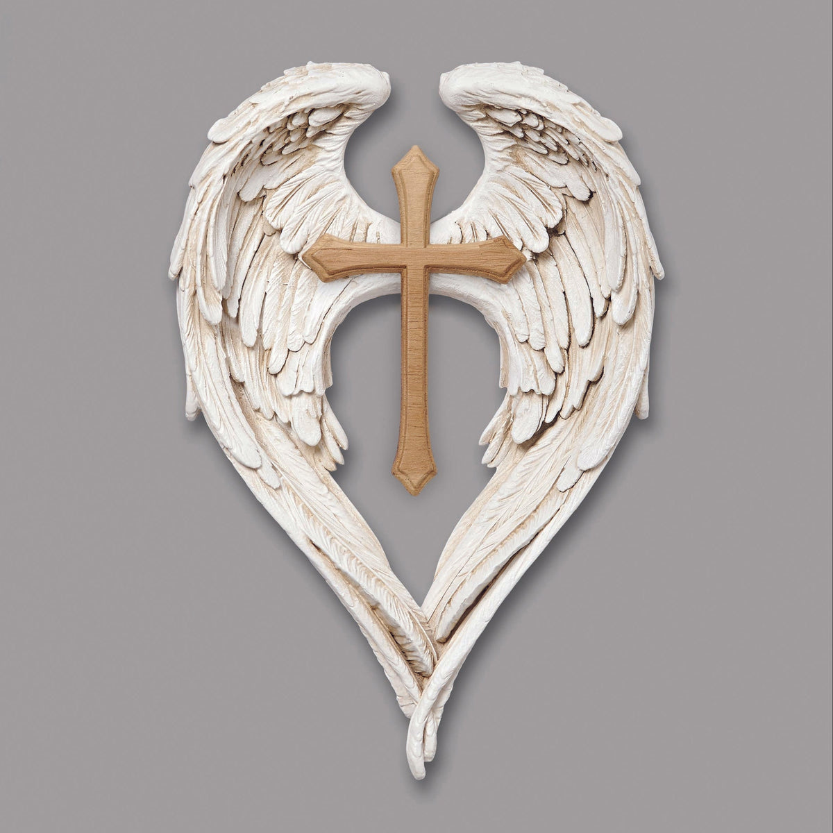 Angel wing wall cross with sculpted white wings and gold-tone cross