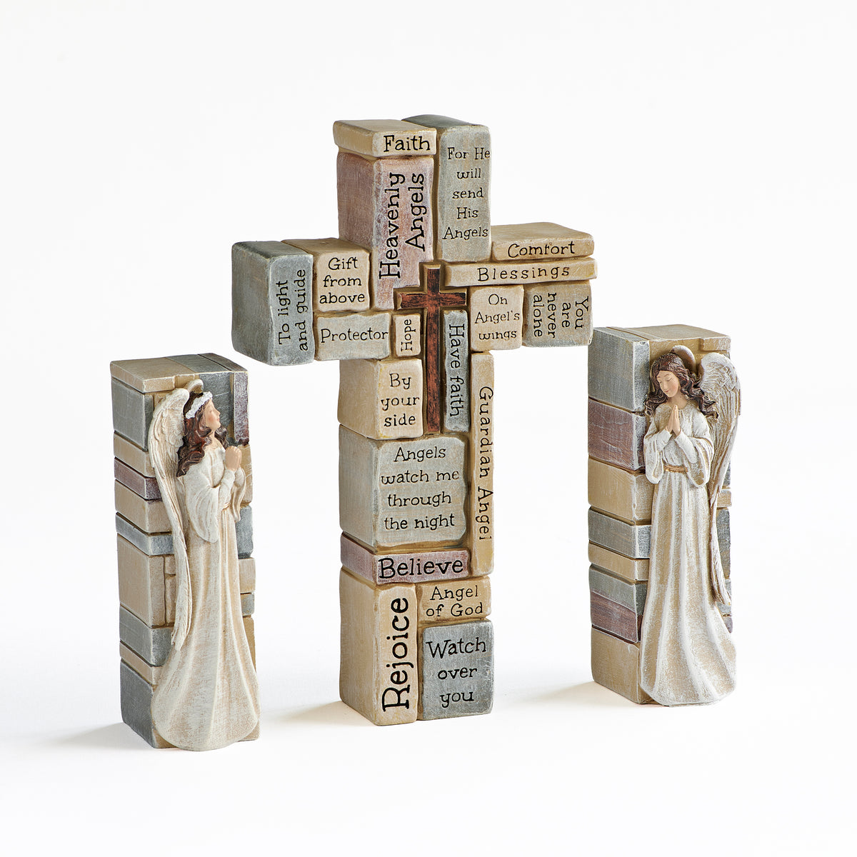 Opposite angled view of Crossword Angel Block & Cross Set showing the layered cross design, angel figures, and printed faith words