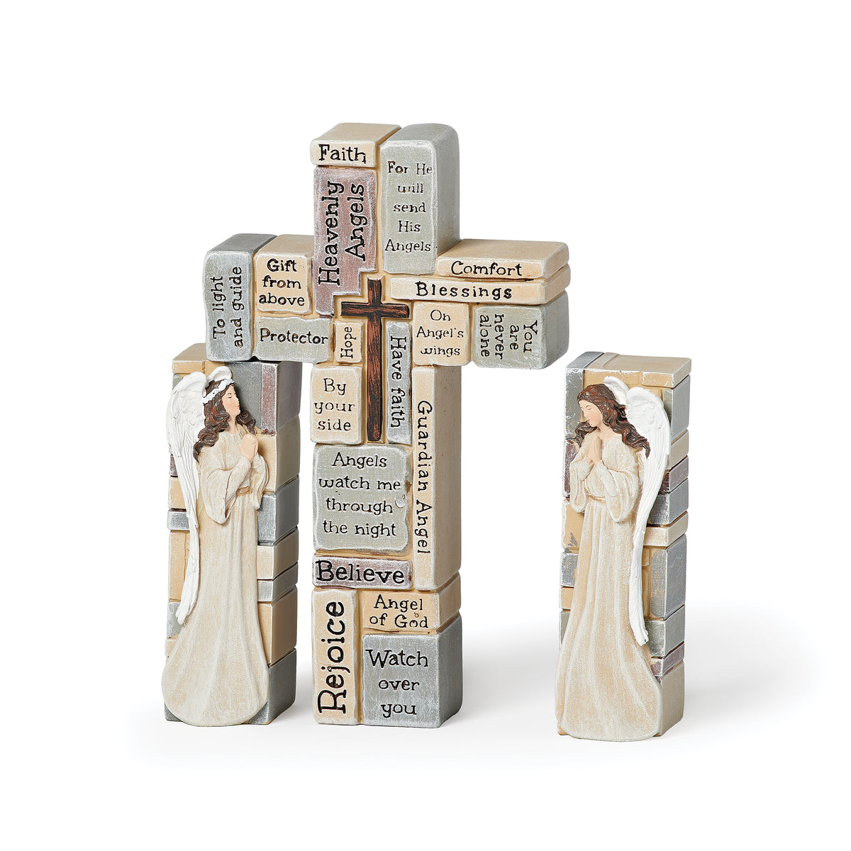 Front angled view of Crossword Angel Block & Cross Set showing the central cross, inspirational word blocks, and two angel figures