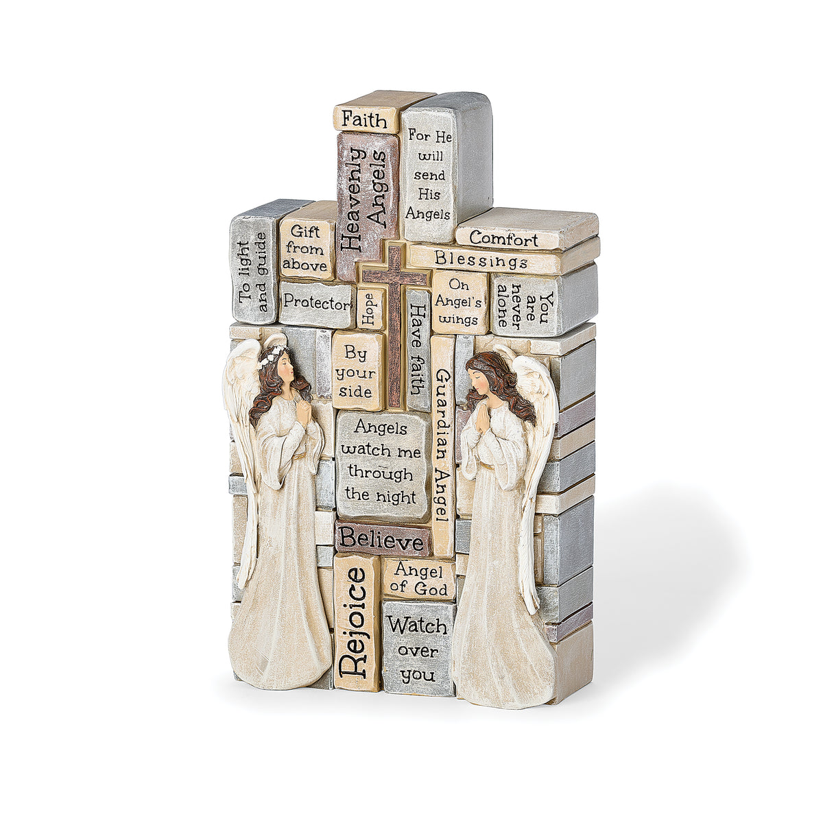 Alternate front view of Crossword Angel Block & Cross Set highlighting the inspirational words, central cross, and ivory angels