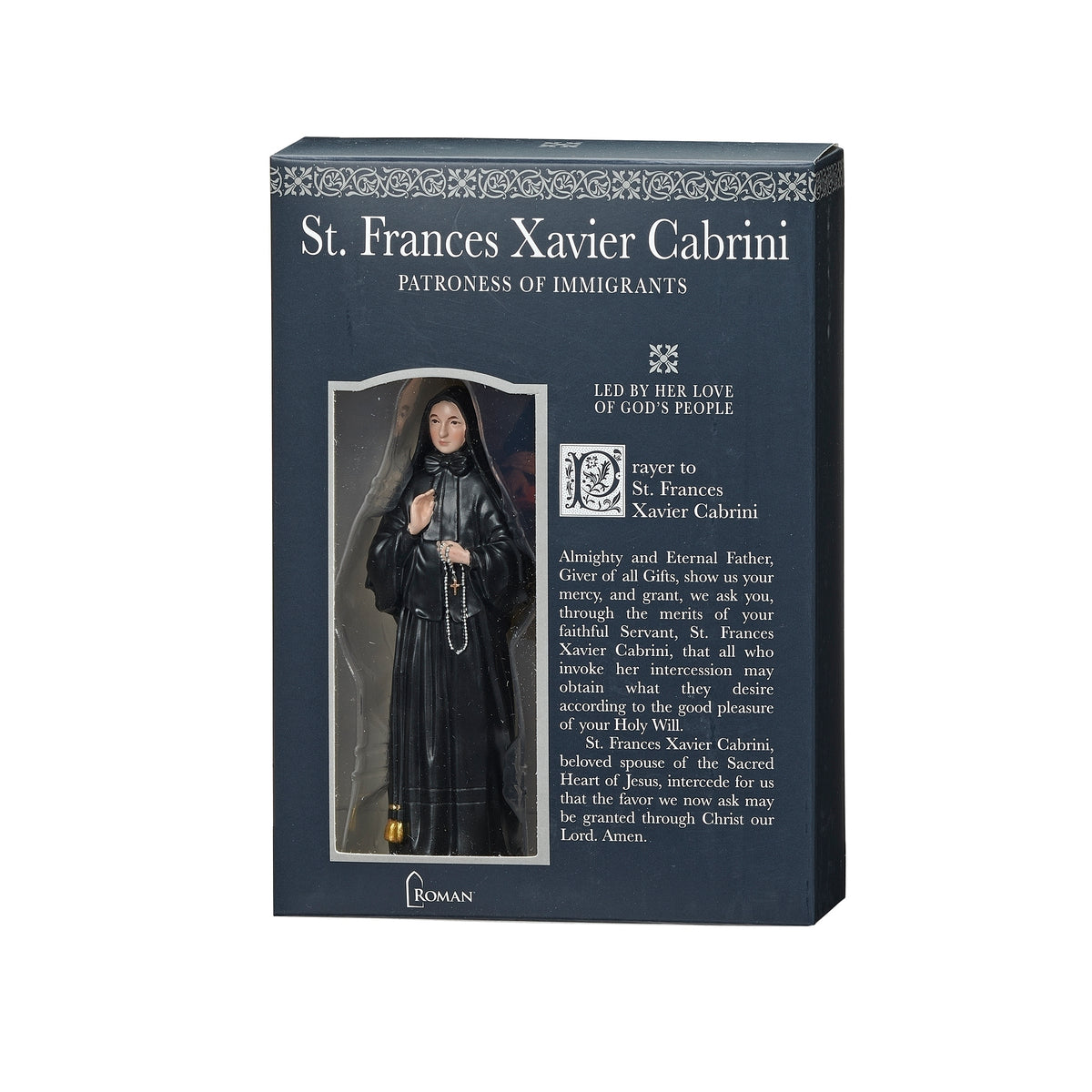 St. Mother Cabrini Patrons & Protectors figure shown on the front of its black informational gift box