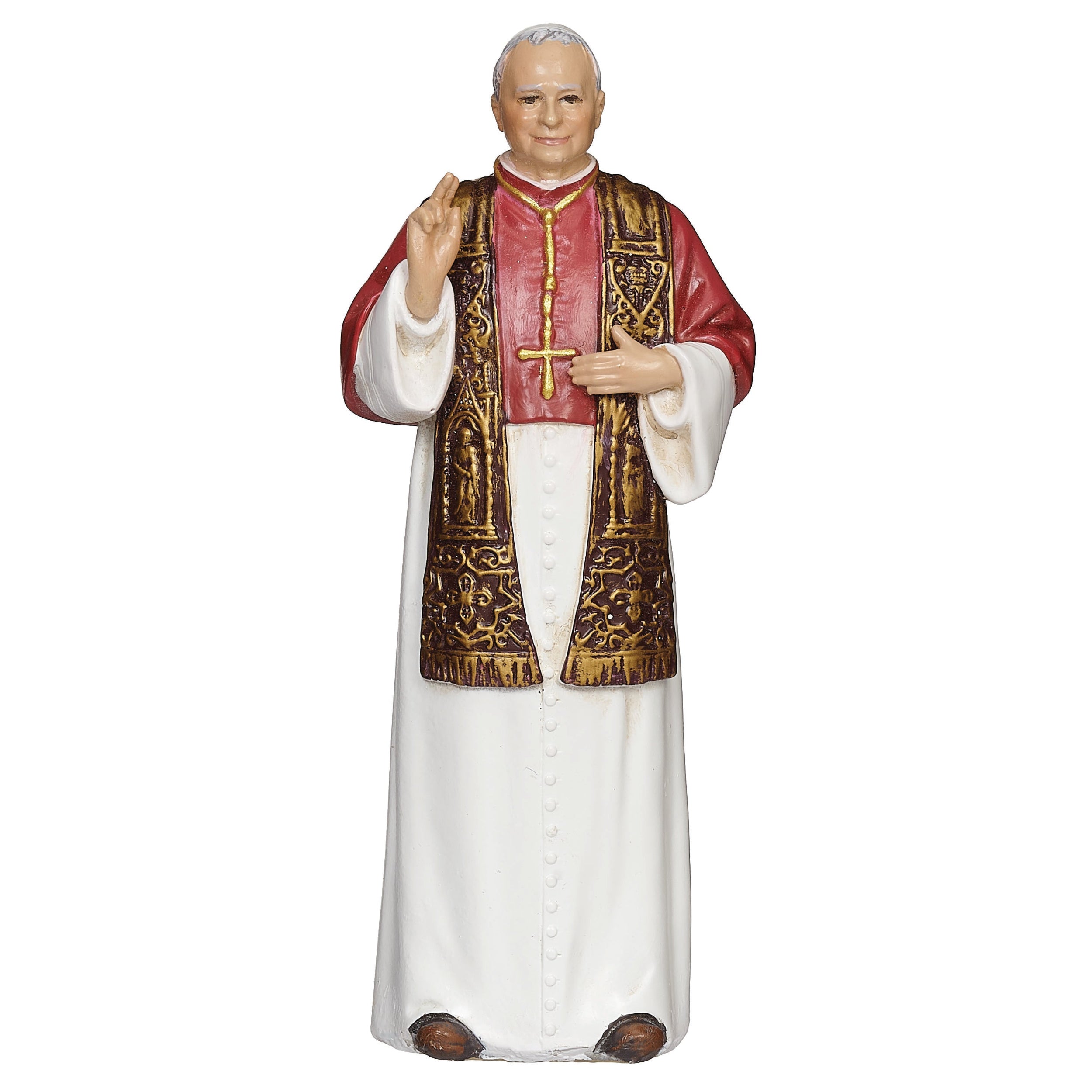 Statue of a religious figure in a white robe with red and gold accents on a white background
