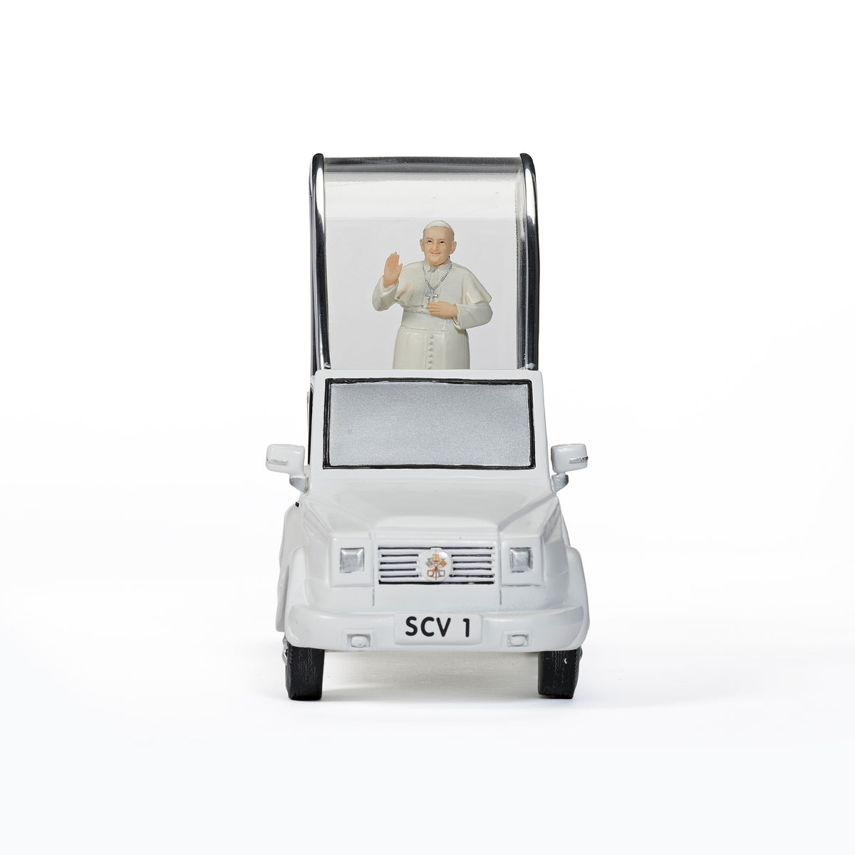 Front view of Musical Pope Mobile showing the windshield, white vehicle body, and Pope figure standing beneath the canopy