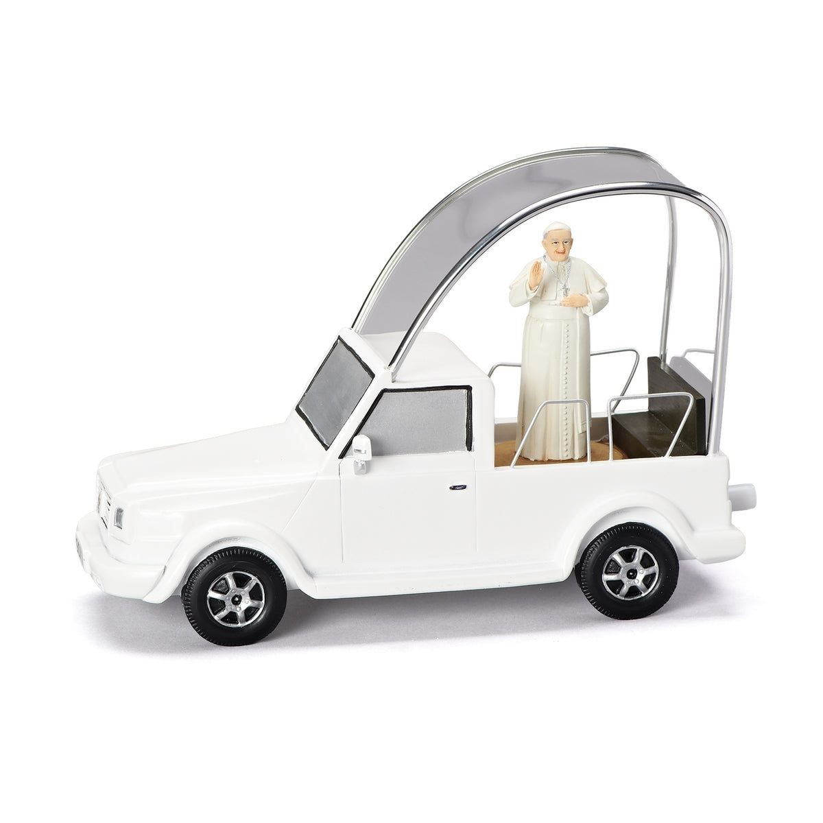 Opposite side view of Musical Pope Mobile showing the Pope figure riding in the white popemobile with clear canopy
