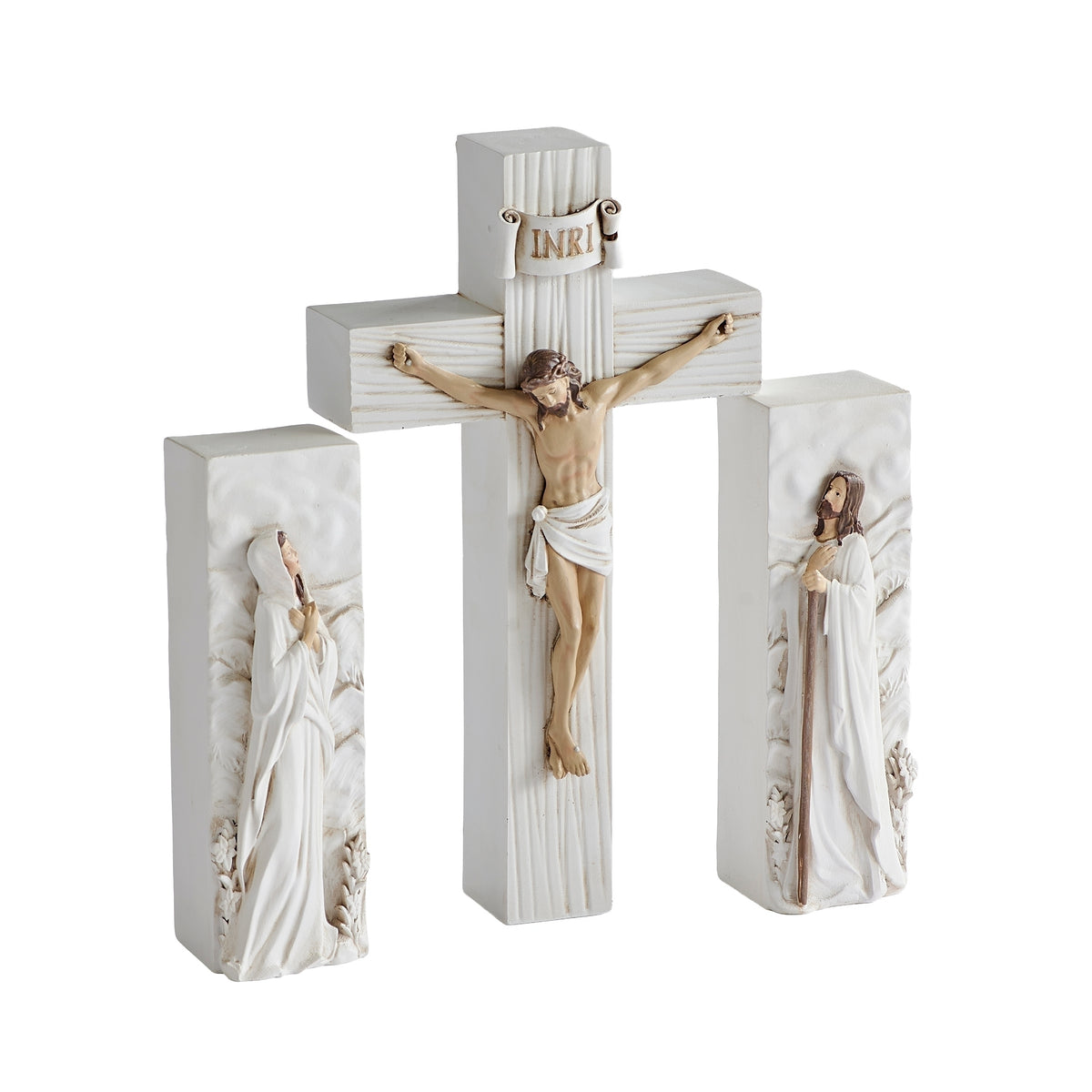 Block Crucifix set with Jesus, Mary and coordinating religious figure - alternate front view