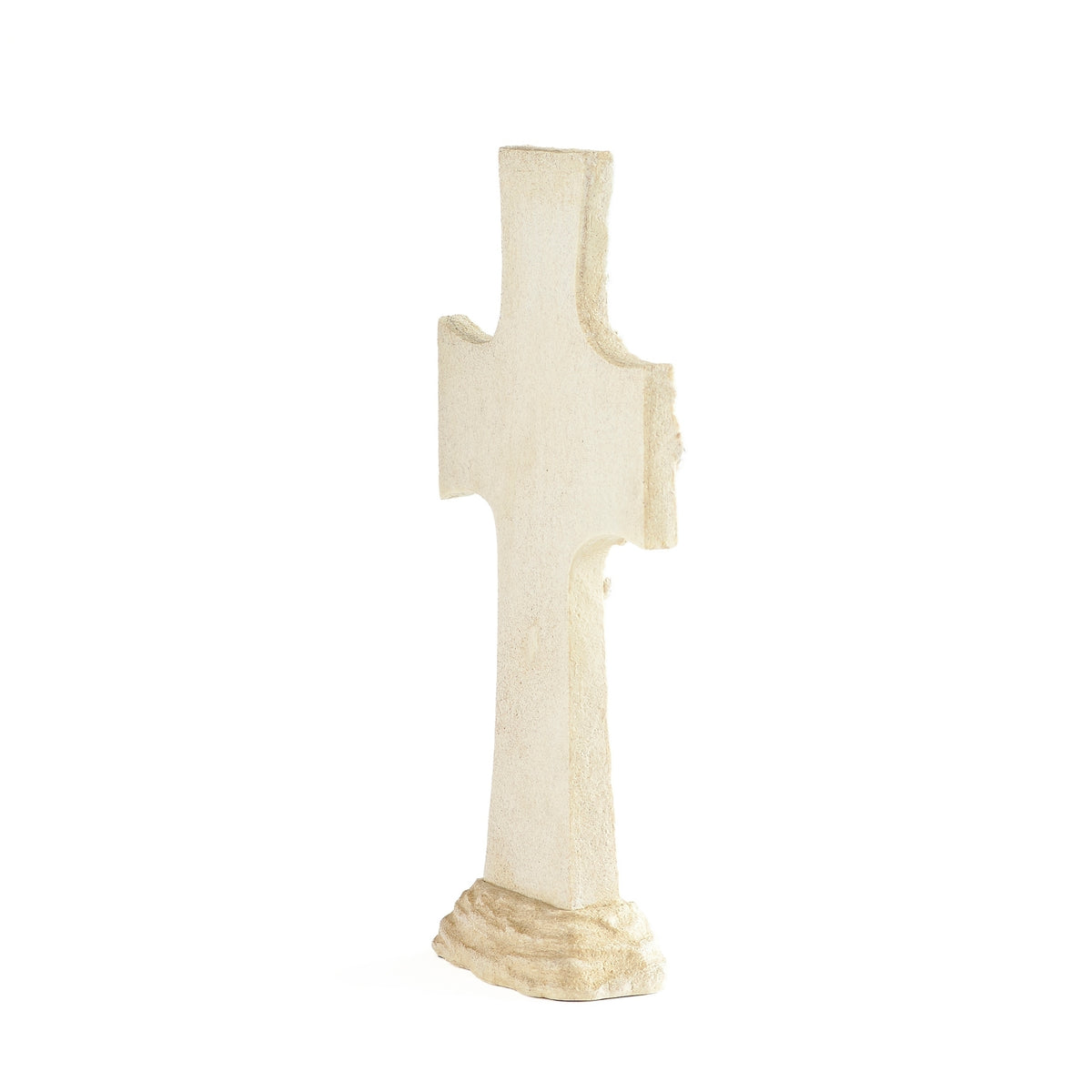 Angled rear view of tabletop cross showing its thickness and freestanding pedestal.