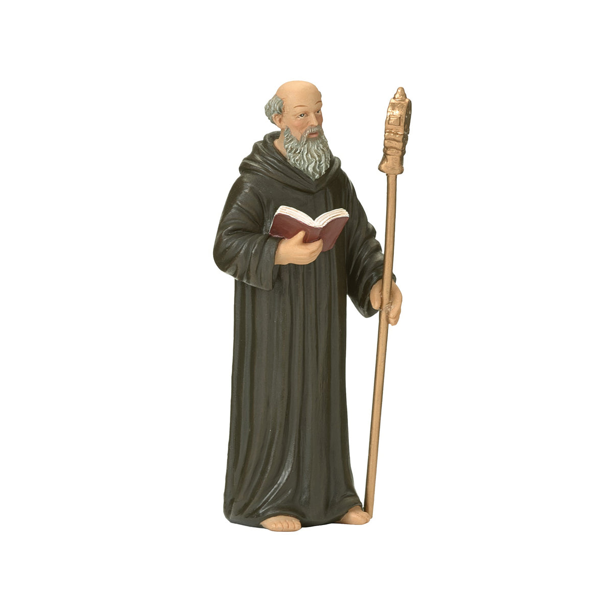 St. Benedict figure in black monastic robes holding an open book and pastoral staff