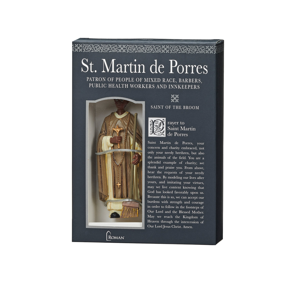 St. Martin de Porres Patrons & Protectors figure shown on the front of its black informational gift box