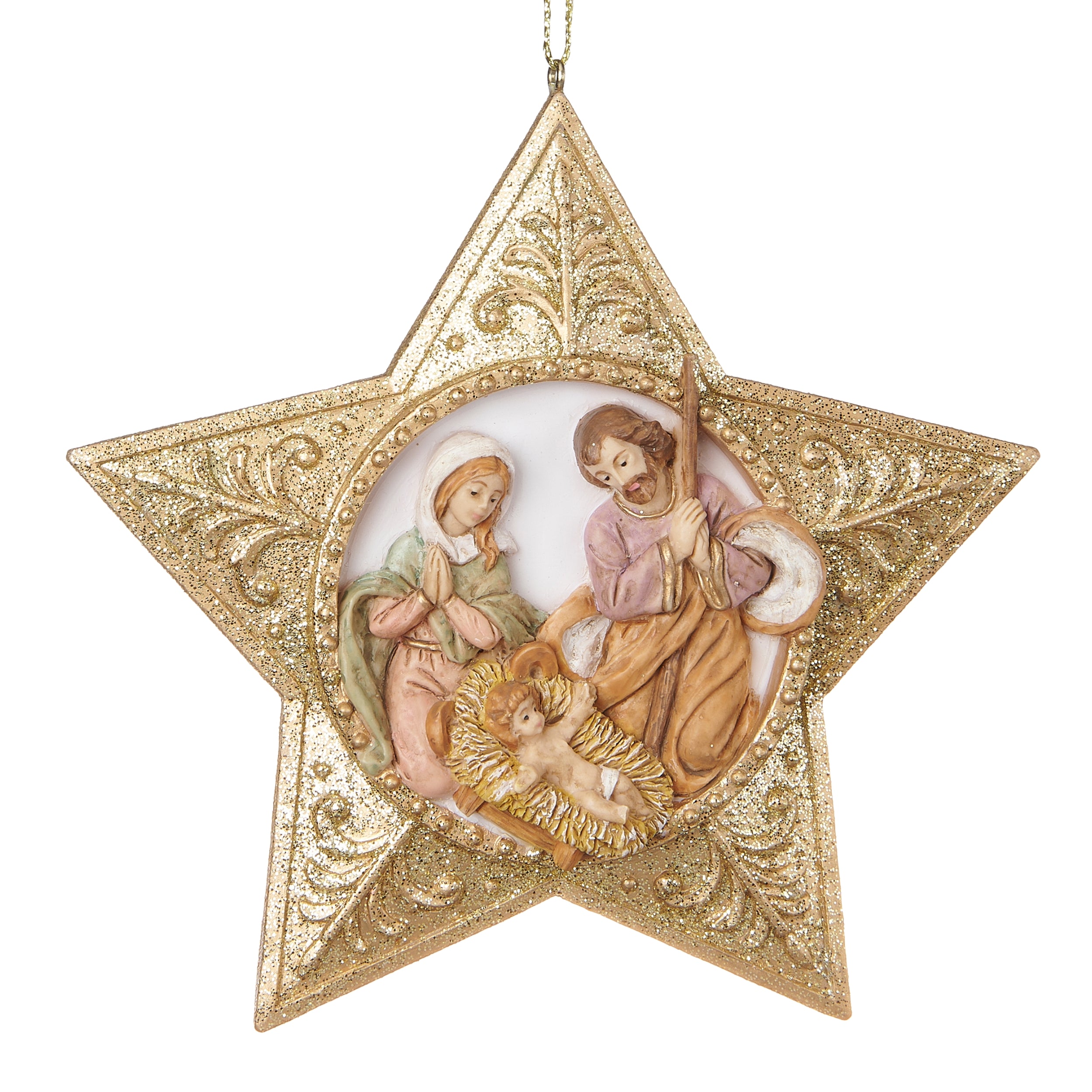 A gold star-shaped Christmas ornament featuring a detailed circular nativity scene with Mary, Joseph, and baby Jesus on a white background.