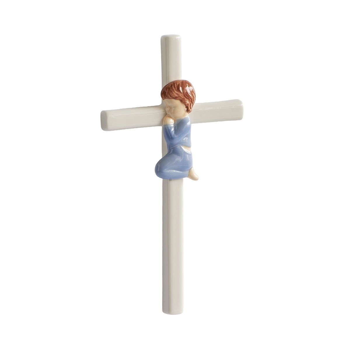 Opposite side view of blue Praying Child Wall Cross showing the kneeling child and sculpted cross profile